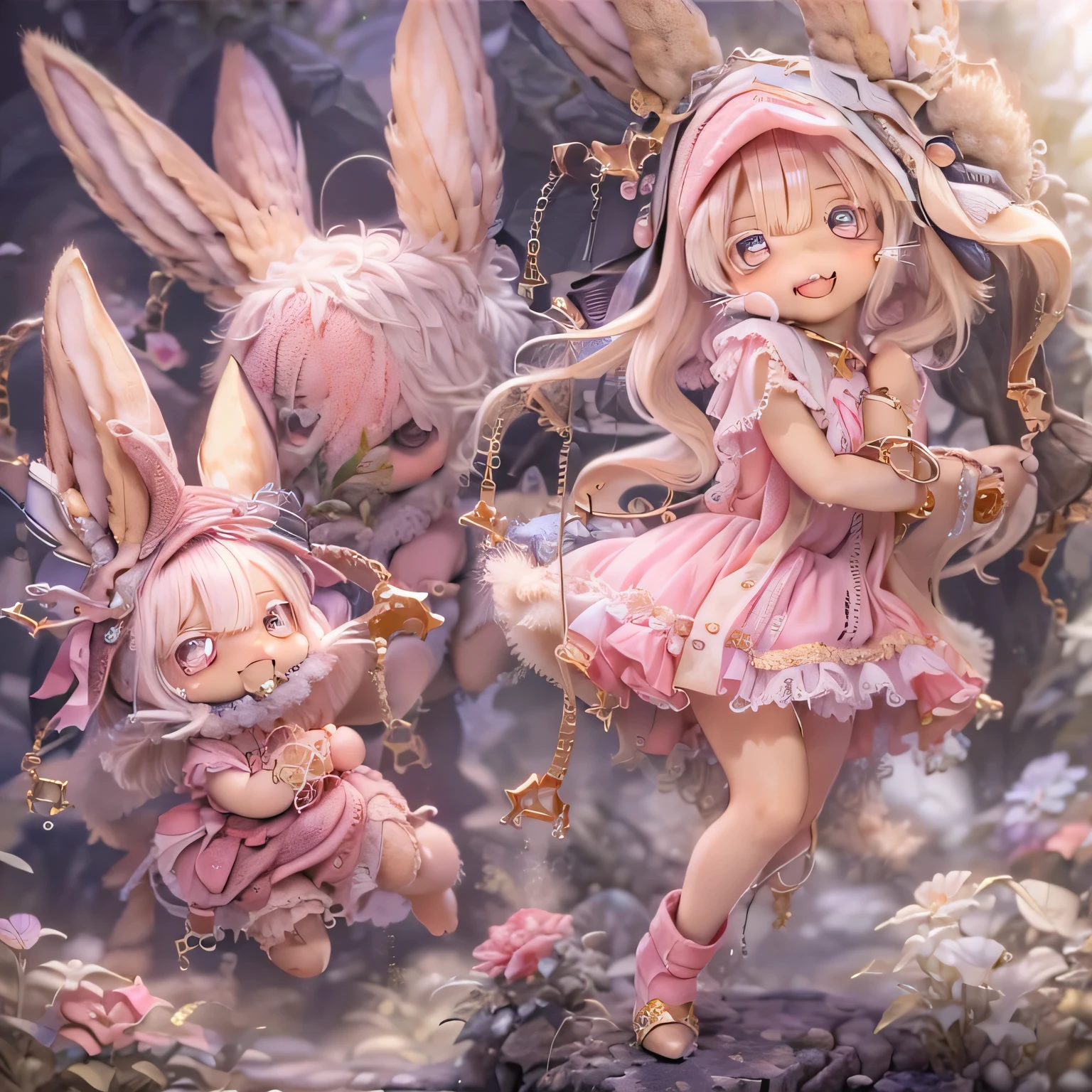 in the garden, smile, Similar to Nanachi from Made in Abyss. She is beautiful, Beautiful eyes and lips.  (((Chibi Style,))) . Image quality is excellent, Highly detailed and realistic features. The medium of this work is、Combining illustration and photorealistic rendering.. The colors are vivid、The lighting creates a warm and bright atmosphere。 whole body(((((Cute pink dress)))))Contrasting cute poses