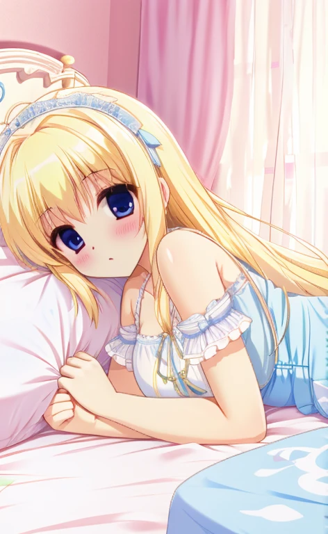 Beautiful long blonde girl　negligee　White and light blue diapers　night　Lie down in bed　