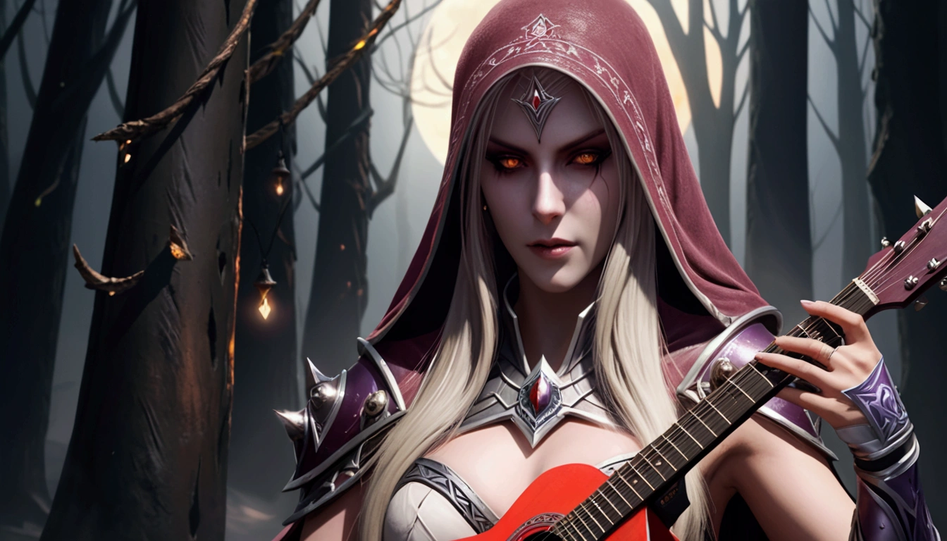 Sylvanas Windrunner, the legendary leader of the Forsaken, sits upon a dark wooden throne, surrounded by an aura of mystery and magic. In her hands, she holds a vibrant red guitar, its strings seemingly pulsing with otherworldly energy. Her eyes, burning with unearthly intensity, stare directly at the viewer, as if daring them to come closer. Her long, white hair falls to her shoulders, framing her pale, ethereal face. Her lips, painted blood-red, curve into an enigmatic smile, as if she holds secrets known only to her. The guitar, which appears to have been created by magical hands, emits an intense red light that illuminates the room around it. The strings vibrate with an energy that seems almost palpable, as if they are alive and responding to Sylvanas' playing. In the background, a dark, mysterious mist spreads, as if the night itself is closing in around Sylvanas. The atmosphere is charged with tension and anticipation, as if something is about to happen. The image is a mix of shadows and light, of mystery and magic, capturing the essence of Sylvanas Windrunner as an enigmatic and powerful creature.