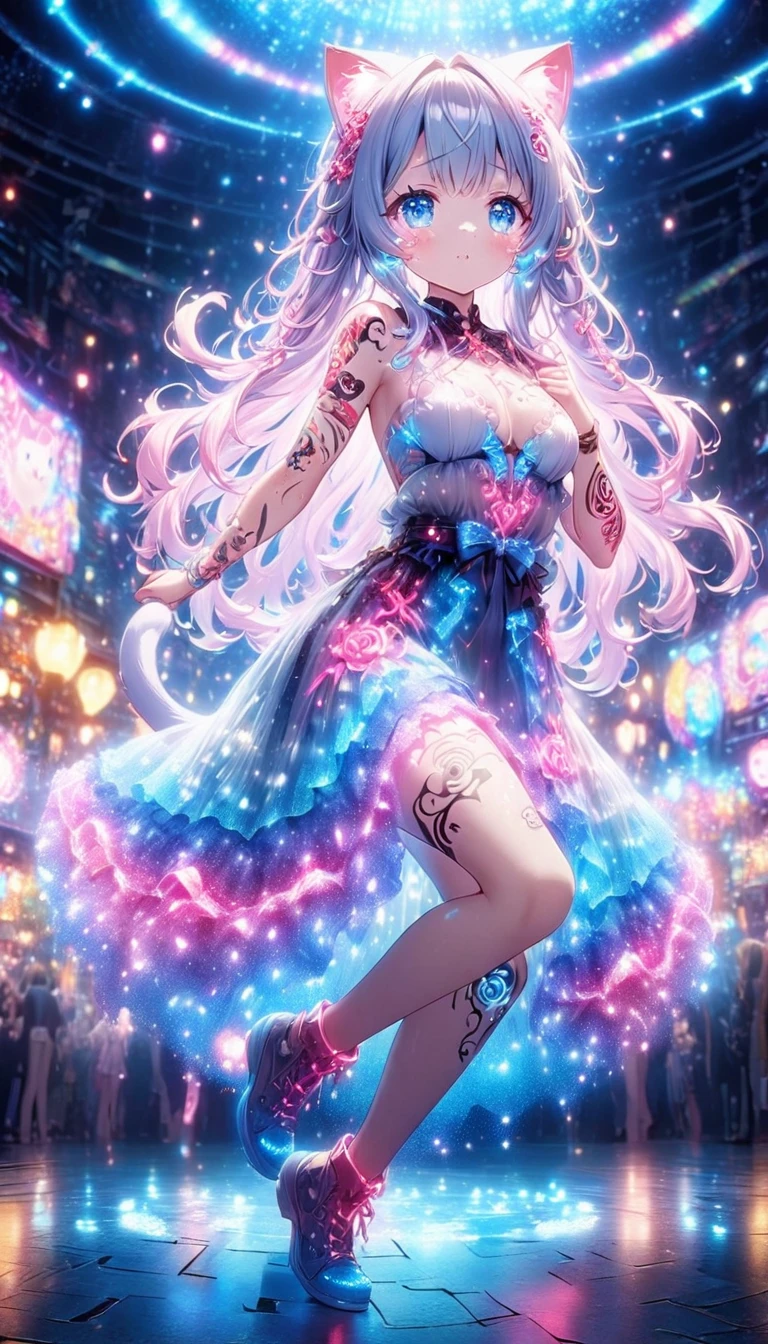 Anime screenshots、vtuber、Full body photo、Artistic anime illustration of a girl with cat tattoos all over her body and face。The tattoos on her arms and legs are a mix of pink, white and blue.、Gives off a neon glow。She has long, flowing hair。In this scene、It has a dreamy soft focus effect that accentuates the glow of your tattoo。Cat ear、tail、Cute pose