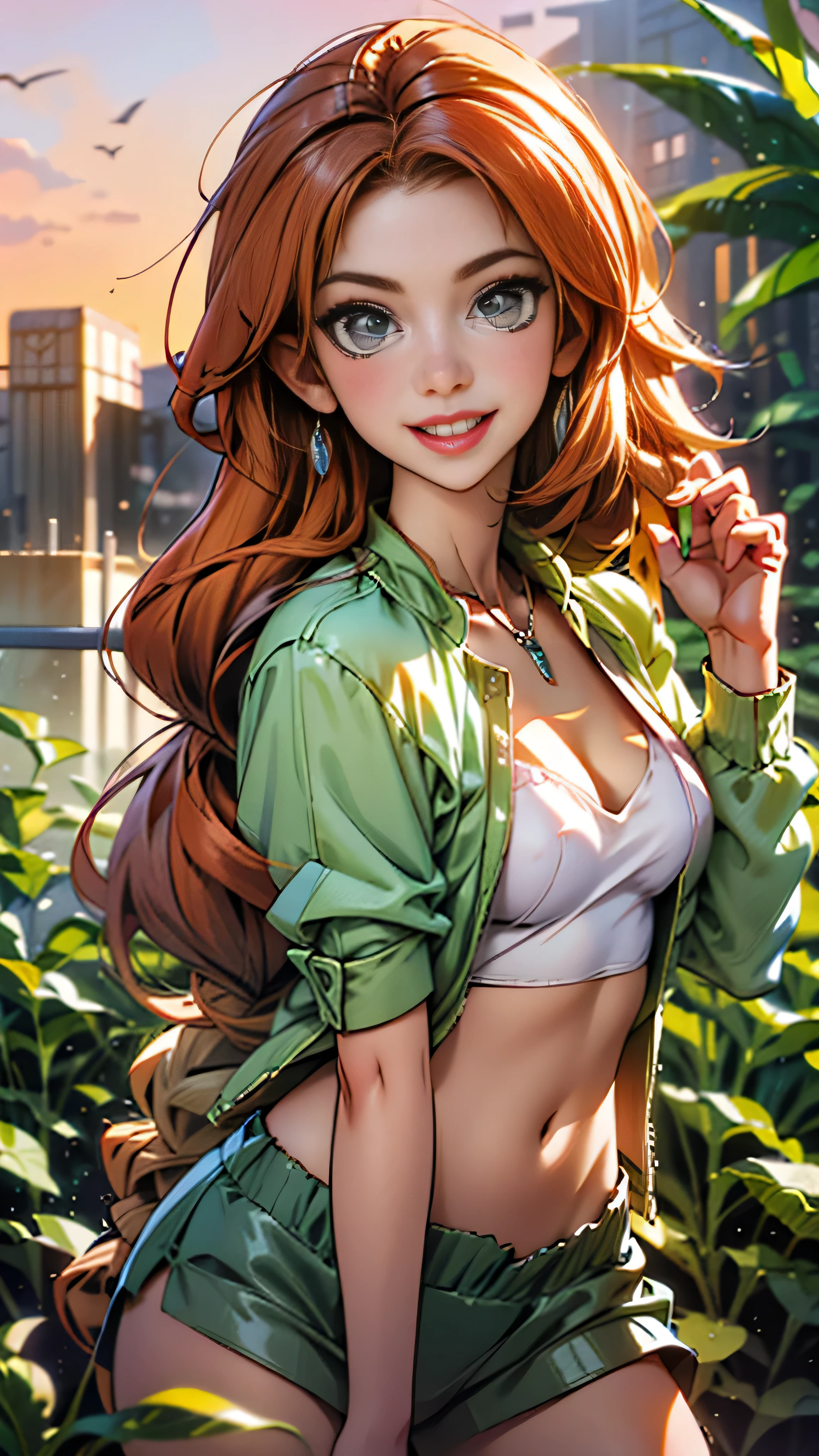 masterpiece, score_9, (masterpiece), (hi res), (1girl), solo, ultra detailed, soft light, misty morning, cute, ((realistic)), young, teen, ((pirate girl), ((waist-up shot)), ((small waist)), ((cowboy shot)), ((orange hair, messy hair)), short hair, bangs, sun streaked hair, beads, jewelry, braids, skinny, smile, big green eyes, dark tan, small hips, perky breasts, round breasts, cleavage, jewelry, light blue shirt, open shirt, background tropical island, Caribbean island, pirate dock, tropical seas, sunset, necklace, breasts, open clothes, breasts, grin, solo, expressive eyes, breasts, Pretty face, adorable, cute look,