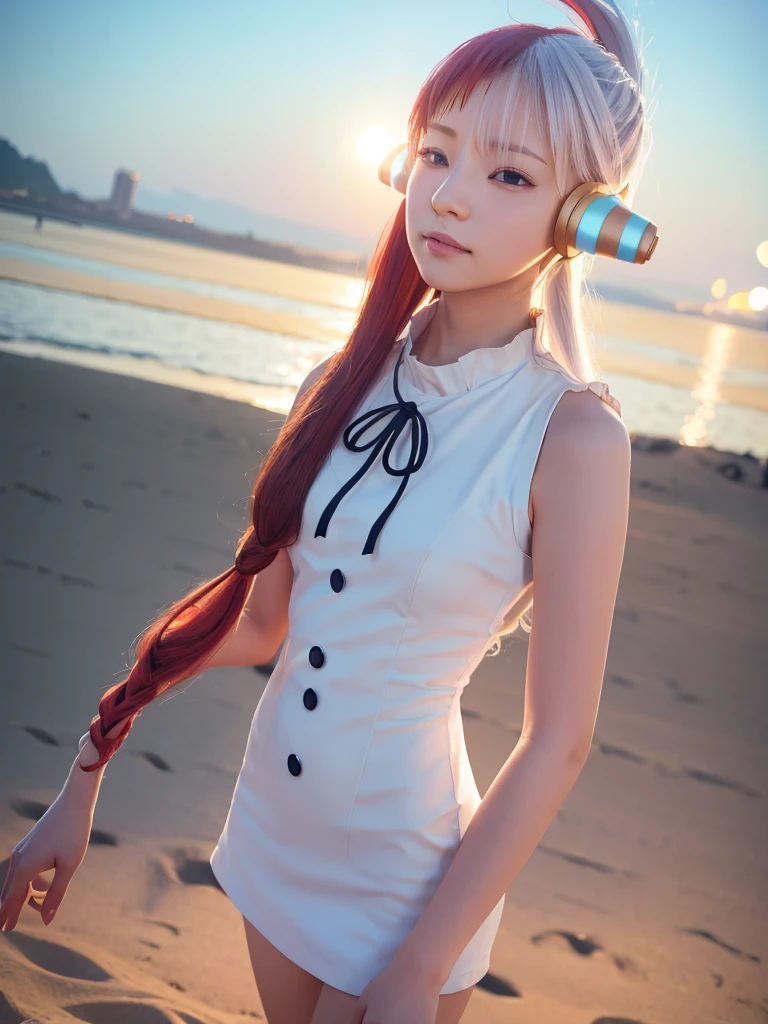 masterpiece Uta, one piece \(series\), Anime art style, masterpiece, Elegant white dress, Long red and white hair, One girl, alone, headphone, Red eyes, Looking at the audience, Beautiful Face, Detailed face, Mouth closed, Photo: Central body, elbow sleeve, Eyes visible through hair, Medium chest, V-shaped eyebrows, Detailed Background, Outdoor, Beach, null, (Super detailed), (8k, Complex), (85mm), Particles of light, Day, whole body, (Very detailed:1.2), (Gradation), SFW, colorful, (Detailed Background), (The rule of thirds_composition:1.3), (Course of action:1.2), Daylight, alone