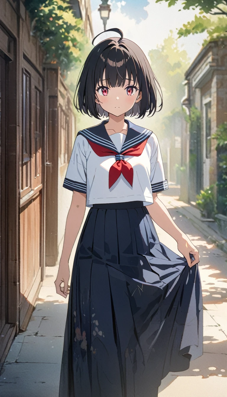 
girl、Bobcut、Black Hair、Ahoge、Red Eye、Tree Eyes、Three white eyes、Sailor suit with long skirt、Glare、Old school hallway background、masterpiece、Highest quality、Detailed Description、Cute Anime、An illustration、High resolution, Attention to detail, 超High resolution, Very detailed, Dreamy watercolor painting
