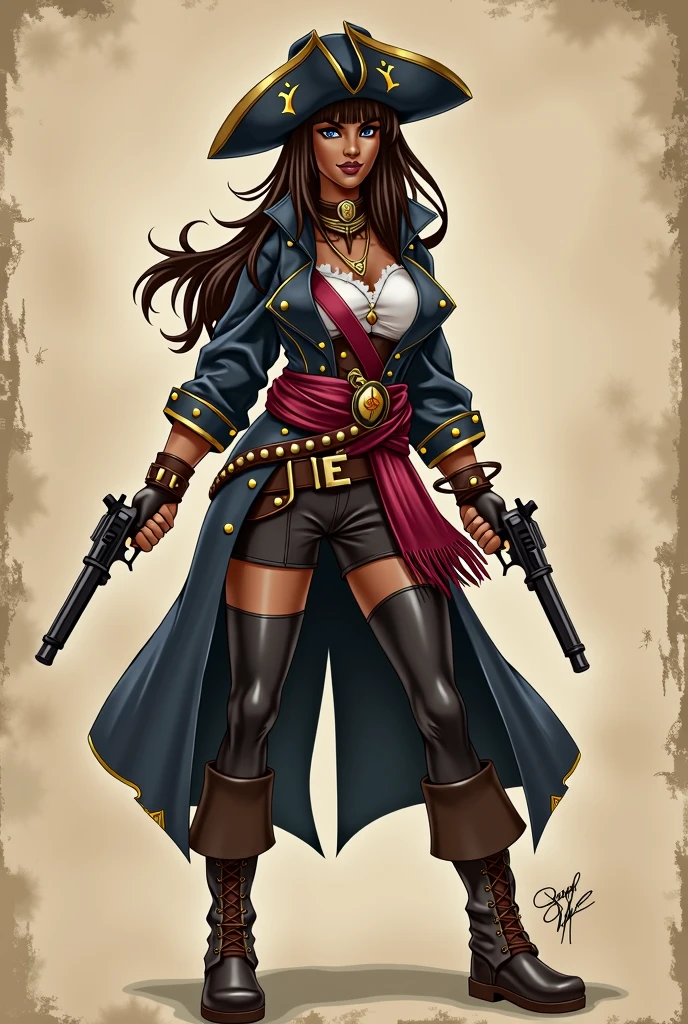 steampunk fanart of an imposing pirate woman, with wavy black hair that falls to her waist and blue eyes. Your skin is sun-kissed and scarred. She wears a large cloak reinforced with metal, adorned with pirate insignia, practical clothes, tall boots, and of course, Her hat,. Besides two pistols and a long sword