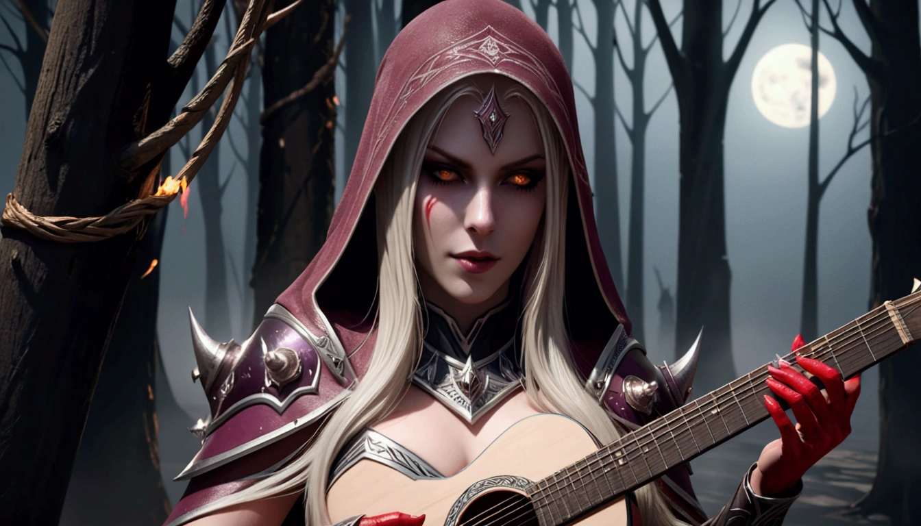 Sylvanas Windrunner, the legendary leader of the Forsaken, sits upon a dark wooden throne, surrounded by an aura of mystery and magic. In her hands, she holds a vibrant red guitar, its strings seemingly pulsing with otherworldly energy. Her eyes, burning with unearthly intensity, stare directly at the viewer, as if daring them to come closer. Her long, white hair falls to her shoulders, framing her pale, ethereal face. Her lips, painted blood-red, curve into an enigmatic smile, as if she holds secrets known only to her. The guitar, which appears to have been created by magical hands, emits an intense red light that illuminates the room around it. The strings vibrate with an energy that seems almost palpable, as if they are alive and responding to Sylvanas' playing. In the background, a dark, mysterious mist spreads, as if the night itself is closing in around Sylvanas. The atmosphere is charged with tension and anticipation, as if something is about to happen. The image is a mix of shadows and light, of mystery and magic, capturing the essence of Sylvanas Windrunner as an enigmatic and powerful creature.