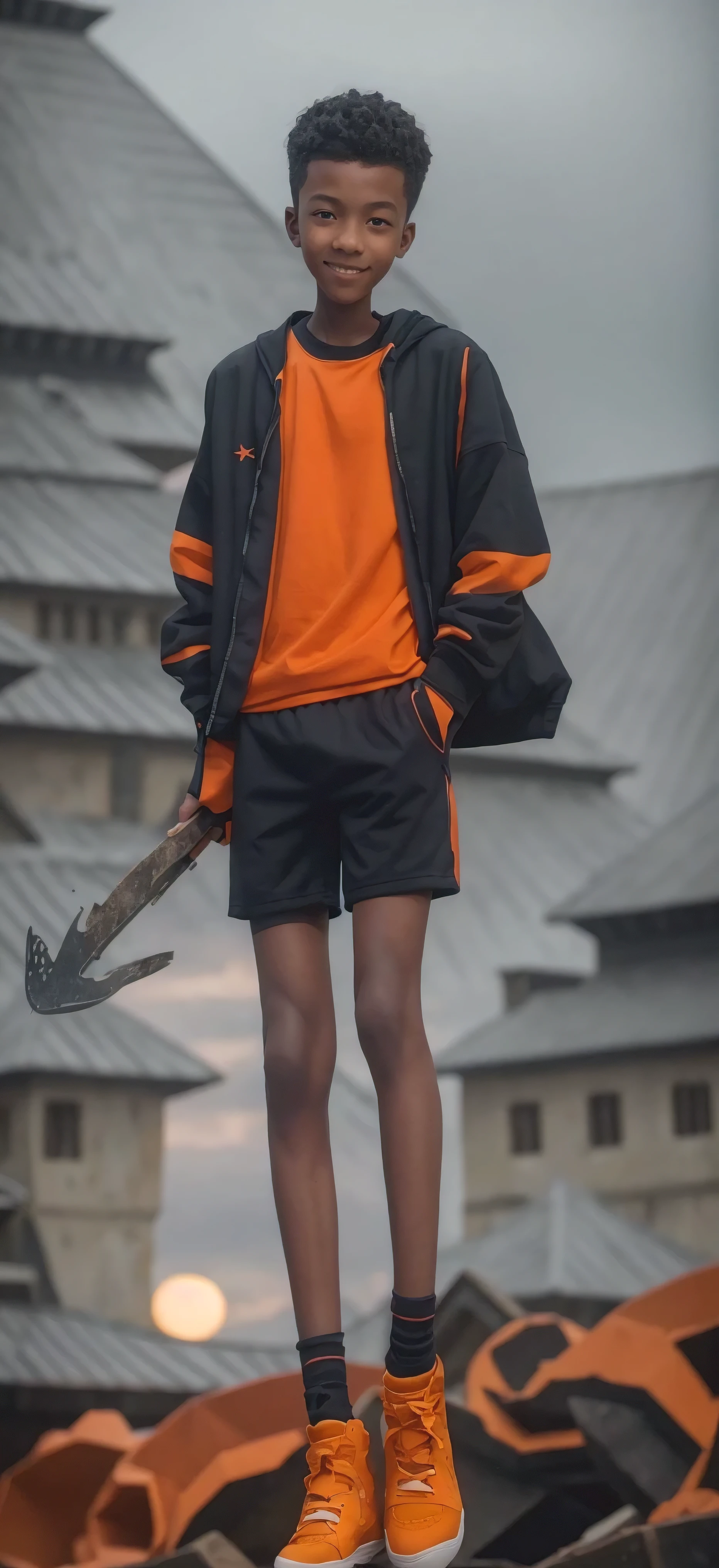  boy，Orange sport shorts，Colorful tops，High-top board shoes，Big round eyes，Very short hair，Tall and skinny，full-body shot，A junior high schooent holding an axe，Smile，There is a dark castle in the background，best quality，HD Wallpapers