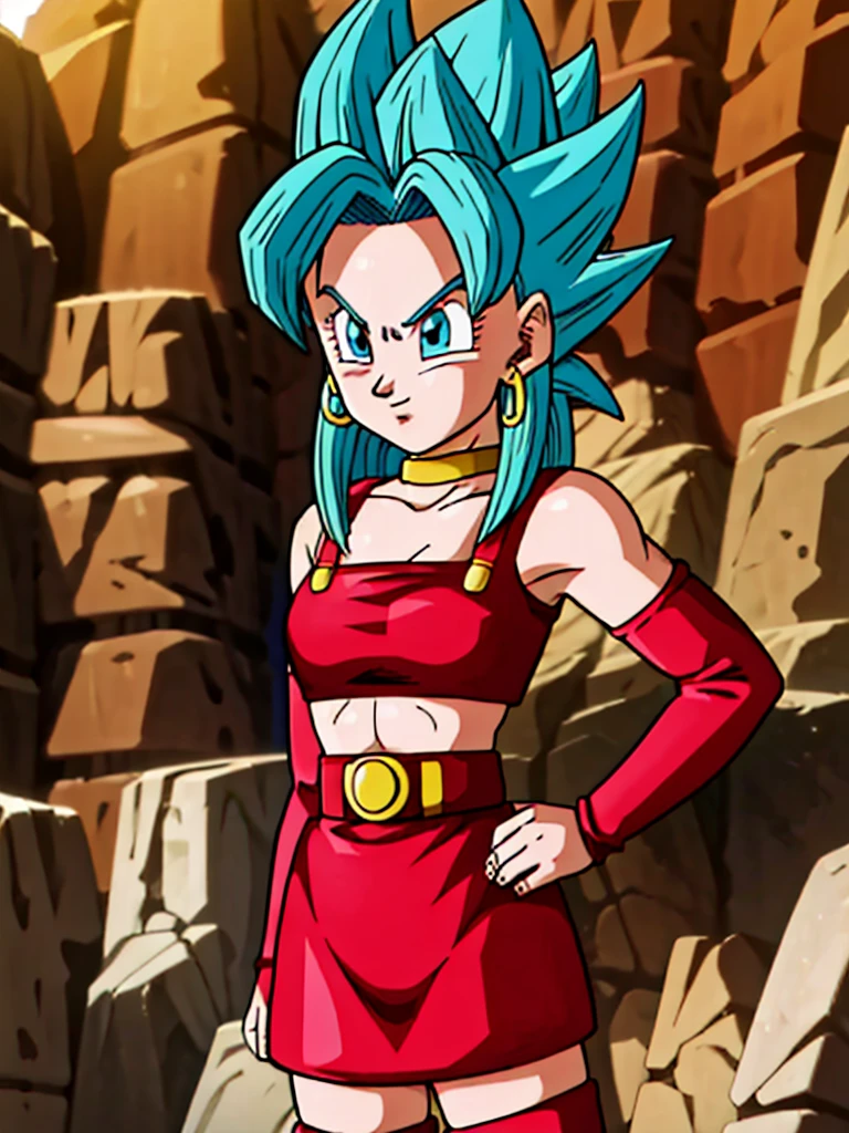 masterpiece,dbsuper style,
bulla, super saiyan, ssj4, Blondie hair, ssj4,super Saiyan, blue eyes, red hairband, hoop earrings, 
gold choker, bare shoulders, red leather crop top, midriff, belt, red elbow gloves, red leather skirt, red thigh boots
 ((Saiyan aura )),super Saiyan, ssj4, Golden aura , shinning bio-sparks, Golden Super Saiyan aura