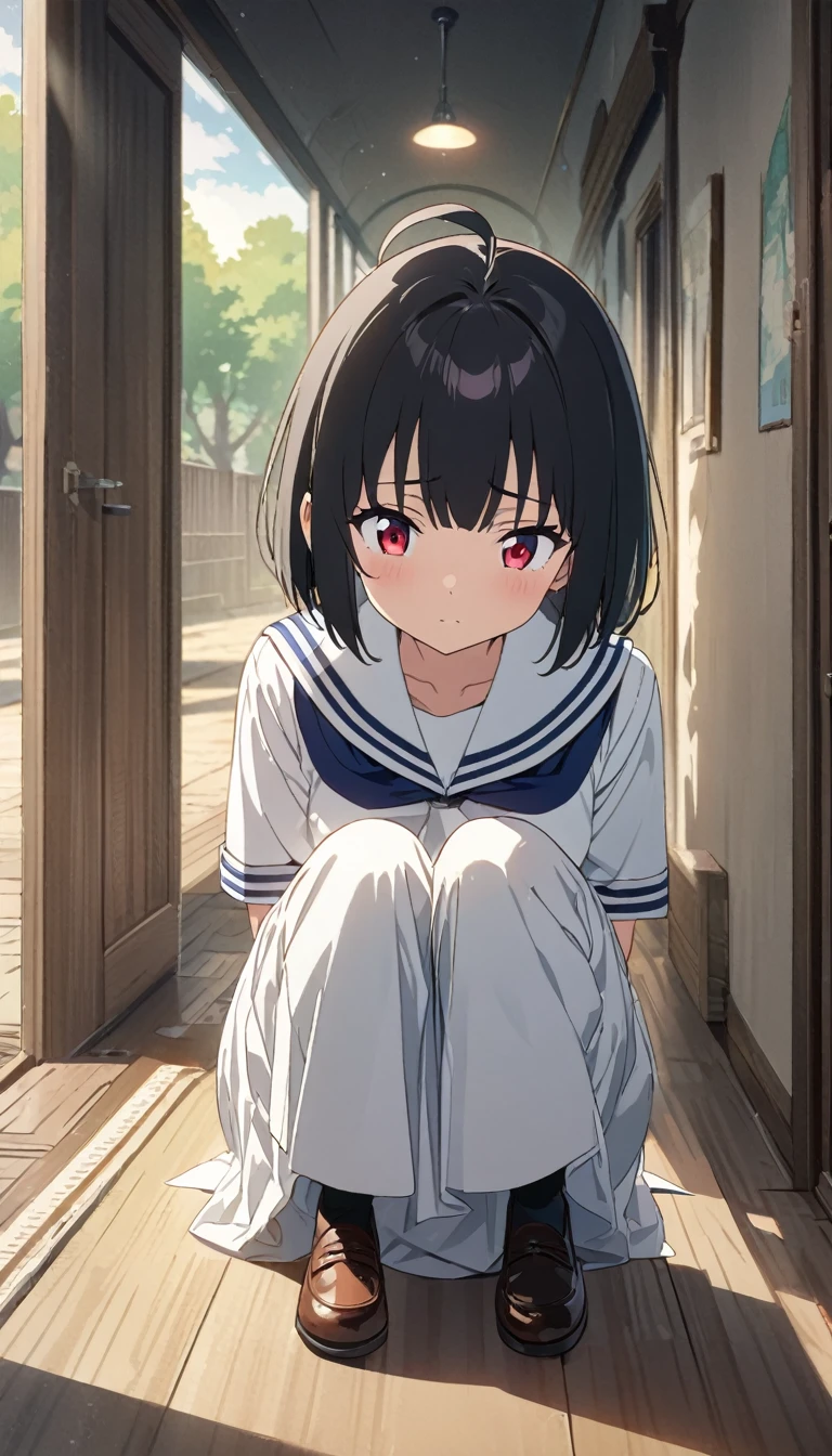 girl、Bobcut、Black Hair、Ahoge、Red Eye、Tree Eyes、Three white eyes、Sailor suit with long skirt、Glare、squat、Old school hallway background、front、masterpiece、Highest quality、Detailed Description、Cute Anime、An illustration、High resolution, Attention to detail, 超High resolution, Very detailed,