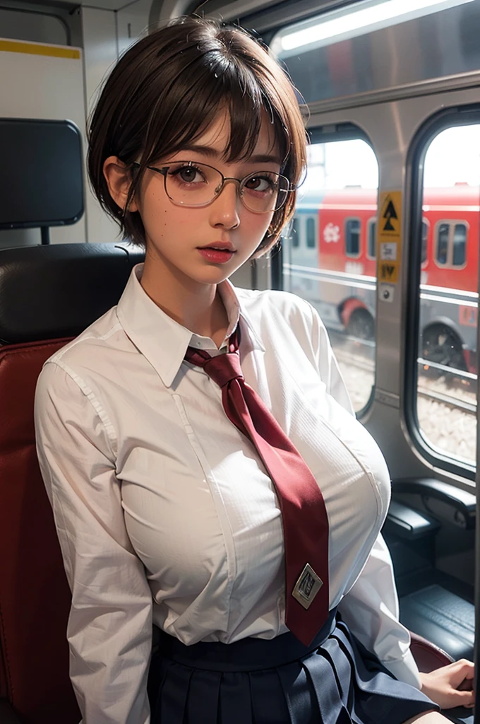 ((One Japan)), Cute Girls, (Japanese Girls:1.2), (White collared shirt), (Cleavage), (Red tie, Loosened tie), Navy Pleated Skirt, mini skirt, Looking at the camera, Perfect female figure, Perfect Face, Glossy pink lips, Expressive eyes, eyeshadow, eyeliner, (Huge natural breasts:1.3), (tight waist), belly button, Light brown hair, (Very short hair), (pixie cut), Expressive hair, (Rim-top glasses), Mole under the eye, eyeball, (View your audience, Upturned eyes, Open your mouth), からかい, Sunburn, Spread your legs, Train seat, I am on a train, Ultra-high resolution, ccurate, Attention to detail, Highest quality, masterpiece, Anatomically correct, Textured skin, super detail, high quality