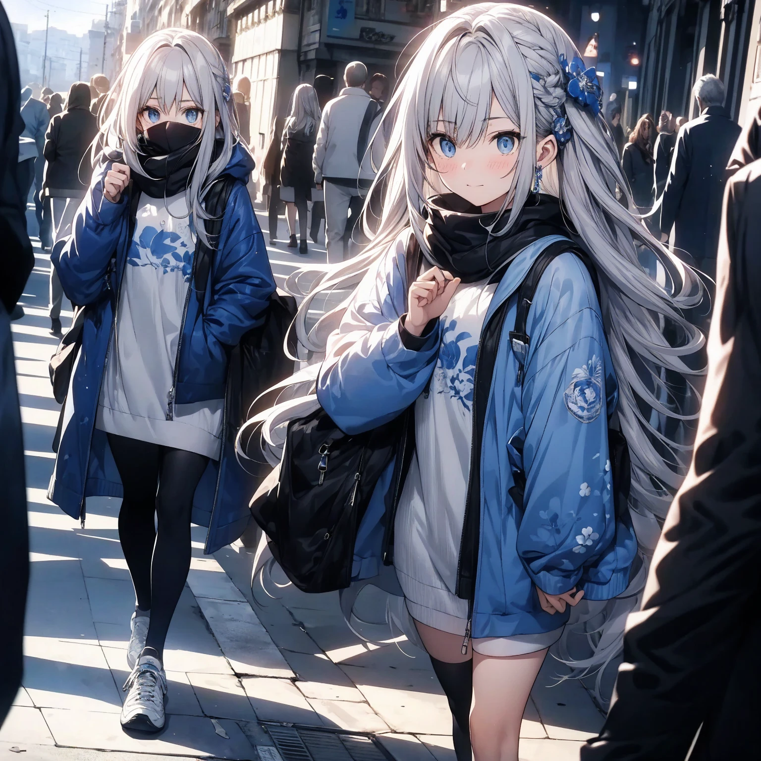 She has a faint smile on her face, light silver hair, blue eyes, is about the height of a high school student, and is standing wearing sneakers., 8k, Highest quality, masterpiece, An incredible shadow, Three-dimensional