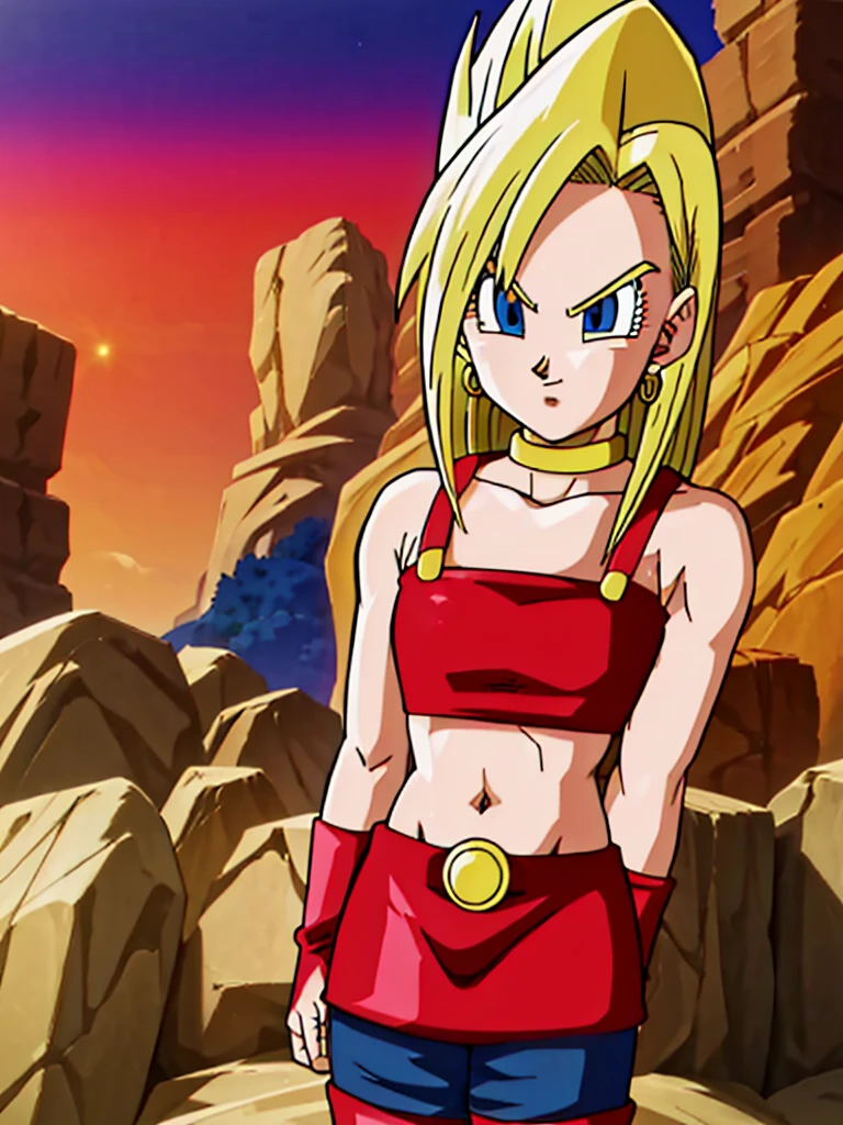 masterpiece,dbsuper style,
bulla, super saiyan, ssj4, Blondie hair, ssj4,super Saiyan, blue eyes, red hairband, hoop earrings, 
gold choker, bare shoulders, red leather crop top, midriff, belt, red elbow gloves, red leather skirt, red thigh boots
 ((Saiyan aura )),super Saiyan, ssj4, Golden aura , shinning bio-sparks, Golden Super Saiyan aura, solo