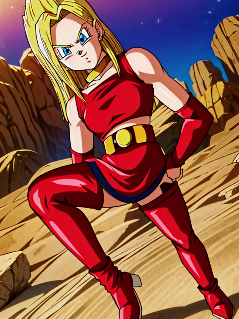 masterpiece,dbsuper style,
bulla, super saiyan, ssj4, Blondie hair, ssj4,super Saiyan, blue eyes, red hairband, hoop earrings, 
gold choker, bare shoulders, red leather crop top, midriff, belt, red elbow gloves, red leather skirt, red thigh boots
 ((Saiyan aura )),super Saiyan, ssj4, Golden aura , shinning bio-sparks, Golden Super Saiyan aura, solo