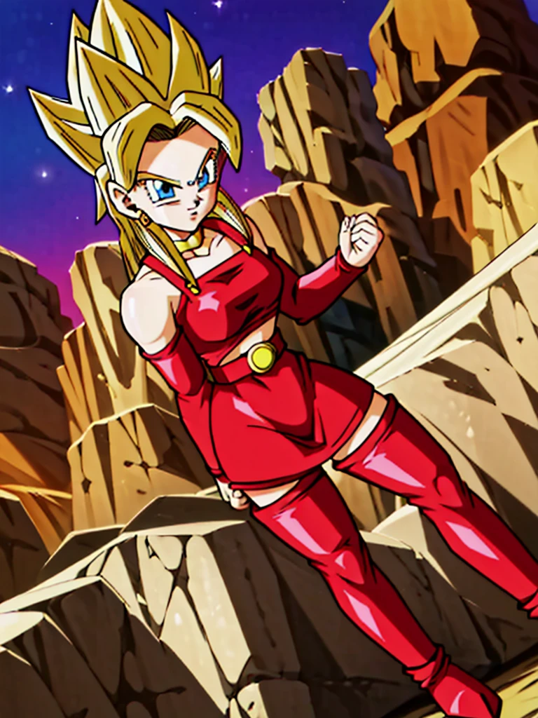 masterpiece,dbsuper style,
bulla, super saiyan, ssj4, Blondie hair, ssj4,super Saiyan, blue eyes, red hairband, hoop earrings, 
gold choker, bare shoulders, red leather crop top, midriff, belt, red elbow gloves, red leather skirt, red thigh boots
 ((Saiyan aura )),super Saiyan, ssj4, Golden aura , shinning bio-sparks, Golden Super Saiyan aura