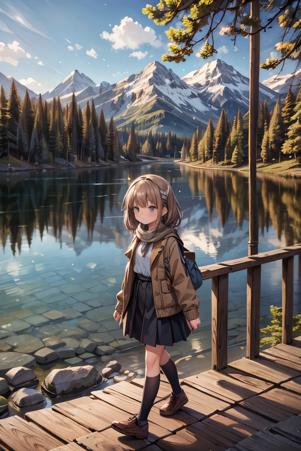 girls walk in a forest, majestic mountain, golden hour, snow-capped peaks, serene lake, clear reflection, calm water, tall pine trees, natural scenery, outdoor, soft warm light, shadows on mountains, tranquil atmosphere, wide-angle shot, deep depth of field, sharp focus on entire landscape, balanced exposure, soft pastel sky, clouds above mountains, girl walk in the forest,