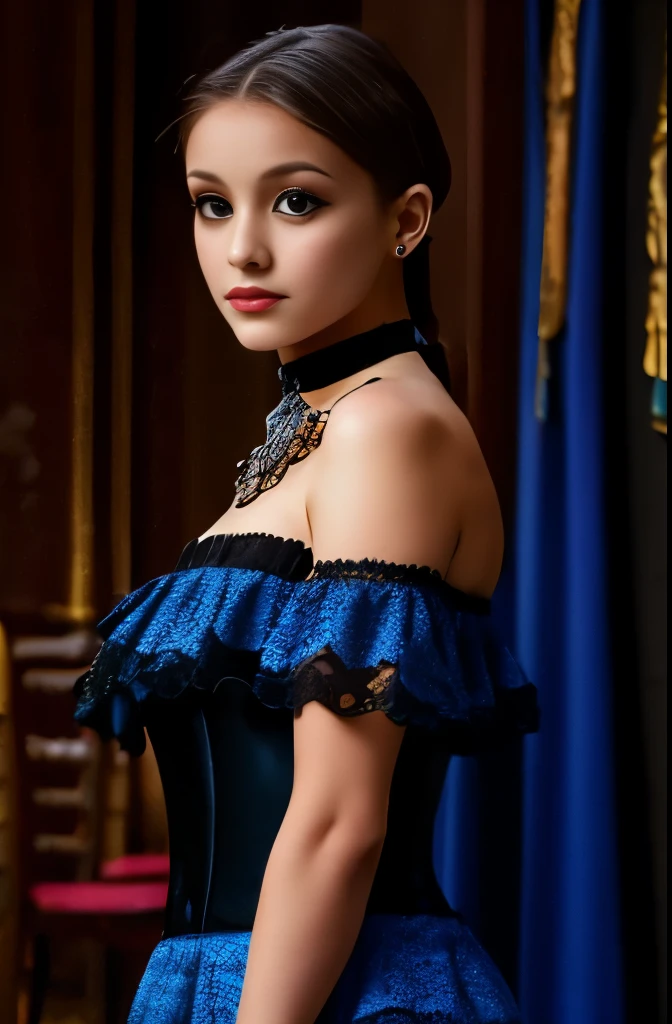 a girl wearing a black and blue corset dress, strapless, ruffled layers, intricate black and blue pattern, black lace trim, brooch detail at the chest, matching choker necklace, gothic style, Victorian-inspired,  indoor setting, neutral background, soft lighting, elegant yet dramatic, high fashion, costume attire