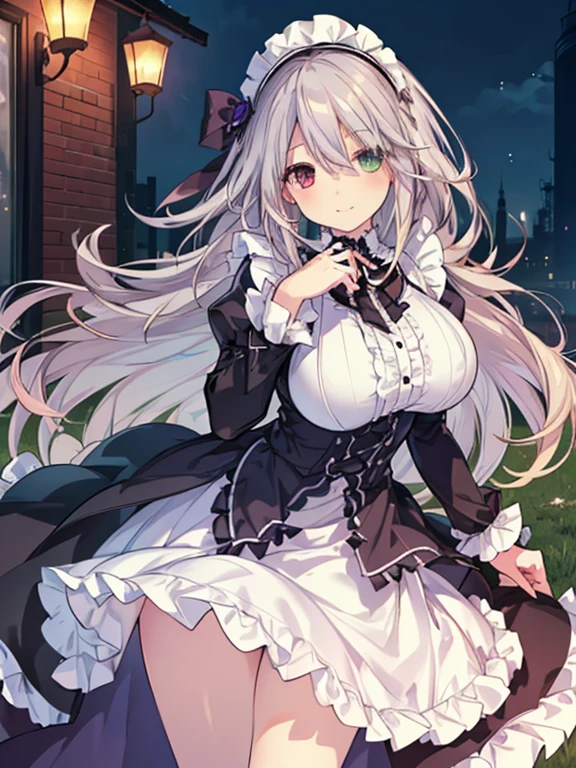 ((1girl)),  (upper body), ((sketch:1.3)), ( masterpiece, best quality,high-resolution,detailed fingers,detailed hands,detailed eyes,detailed legs:1.5),  ((seductive smile, (blush)), (heterochromia,red eye,green eye),(white and silver hair,Long hair,shiny hair:1.3), ((maid),(gothic ****ta),(Clothes with purple glitter lines)), ((gigantic breasts,huge nipple, huge areola),(beautiful breasts,curvy)),  (Coffee shop,テーブルを挟んで向こう側に)