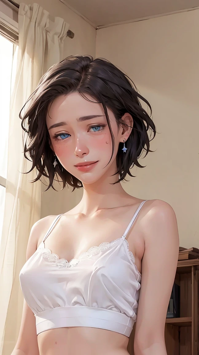 ((((masterpiece, Highest quality, High resolution)))), Extremely detailed 8K, Beautiful girl with a voluptuous body, (Ultra HD, Very detailed, Very detailed, Very realistic, Ultra-realistic, Photo Real), (One girl:1.5), (Realistic black hair), (Short Wavy Hair, Earrings), (Dynamic pose), To the camera, View your viewers, (Blushing, Embarrassing, smile), (blue eyes, Sharp eyes), (Firm breasts:1.2), (Beautifully detailed face, Beautiful attention to detail), ((White silk camisole, Lace panties)), (stand up), Sweat, Shine, (Sunbeam, sunlight), ((Cowboy Shot)), Bedroom, Fascinating