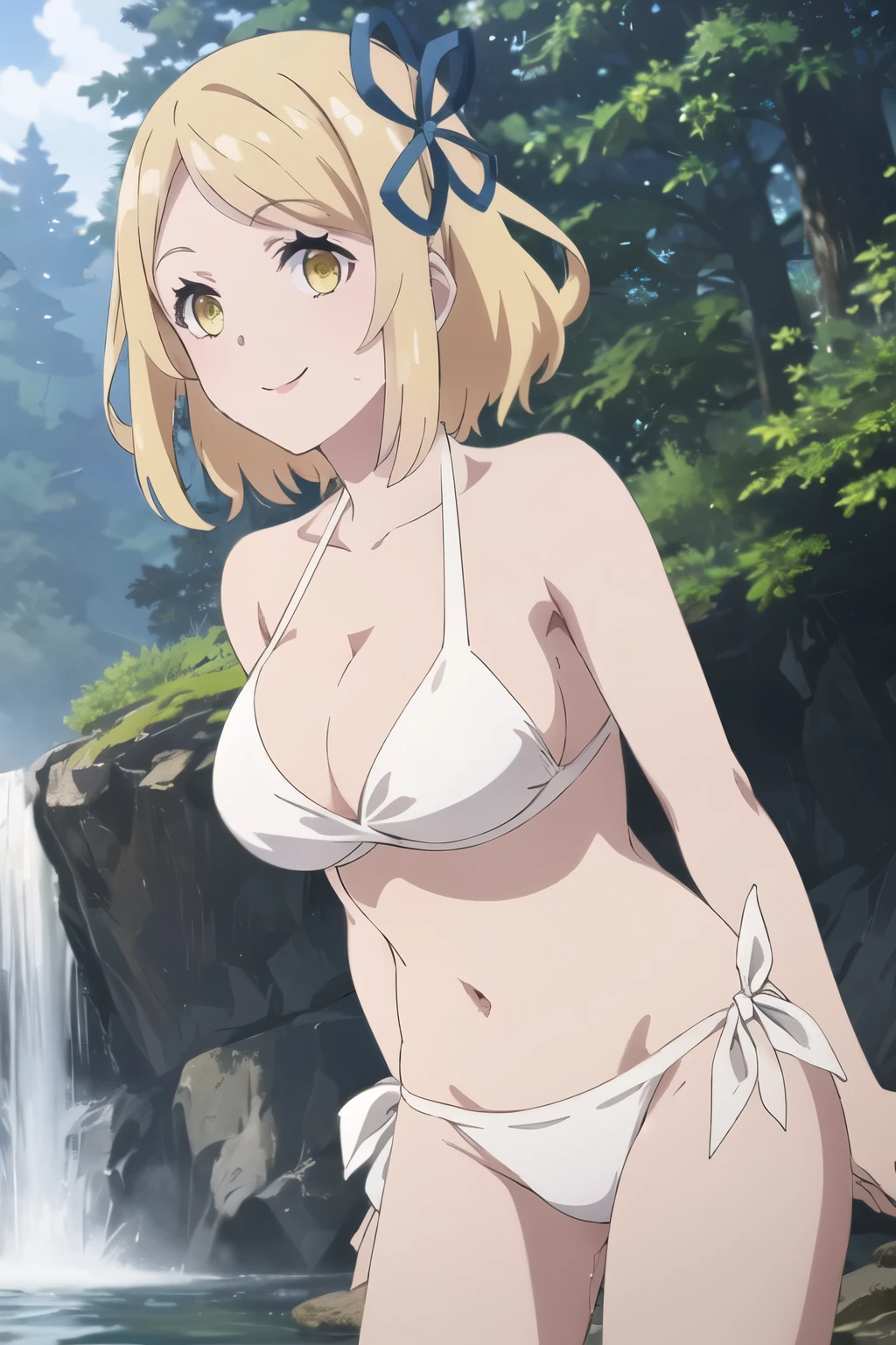 (masterpiece:1.3), high quality, High resolution, (Tia), (Isekai Nonbiri Nouka), One girl, short hair, Blonde, Yellow Eyes, Cleavage, Large Breasts, hair ornaments, Hair Ribs, Blue Ribbon, Exposing shoulders, (white bikini side tie bottom: 1.3), wet, Cowboy Shot, Modeling Pose, smile, Outdoor, nature, waterfall, View your viewers,