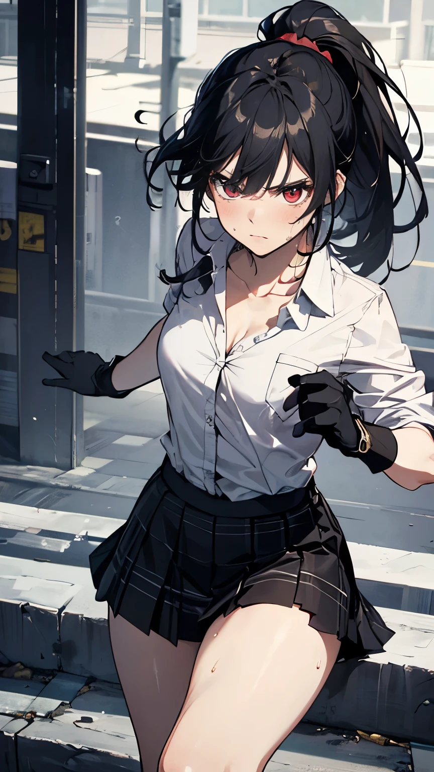 sideview,looking at viewer,(One girl),big forehead,uptail hair, (alone), (Focus on women), Deceptive work \(Chainsaw Man\), Upper Body, Dark Eyes, bandage over the body, Black Hair, Long sleeve shirt, Pinafore dress, Black tie, bandage, Blood, bandage, bandage, Blood, Blood, Small breasts, classroom, student, Blur the background