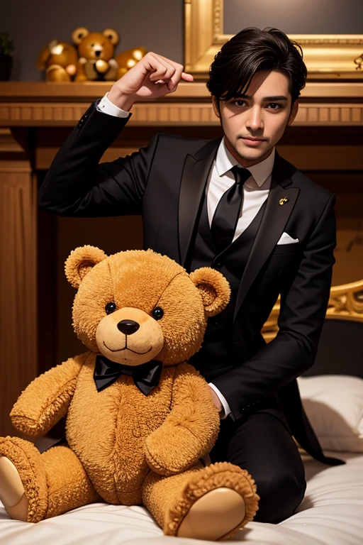 Golden Teddy Bear wearing a black suit and black tie, stuffed teddy bear, small teddy bear, small stuffed bear, plush bear, masterpiece, best quality) ,