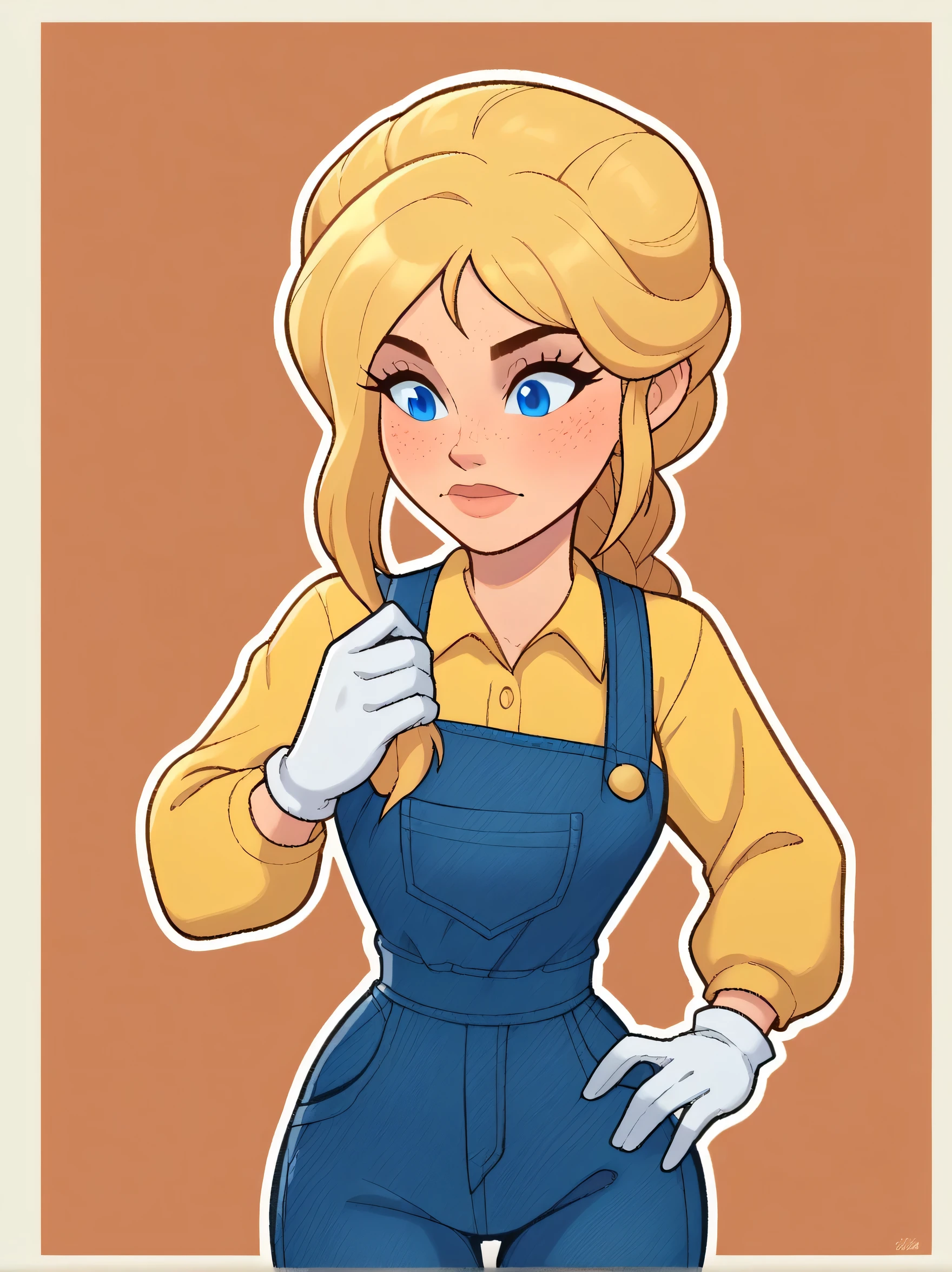 score_9, score_8_up, score_7_up, score_6_up, score_5_up, score_4_up, c00lw0rld, 1girl, curvy, freckles, EmilyA, blue eyes, blonde hair, braid, shirt, yellow shirt, gloves, white gloves, long sleeves, pants, blue overalls, portrait, orange background, white outline