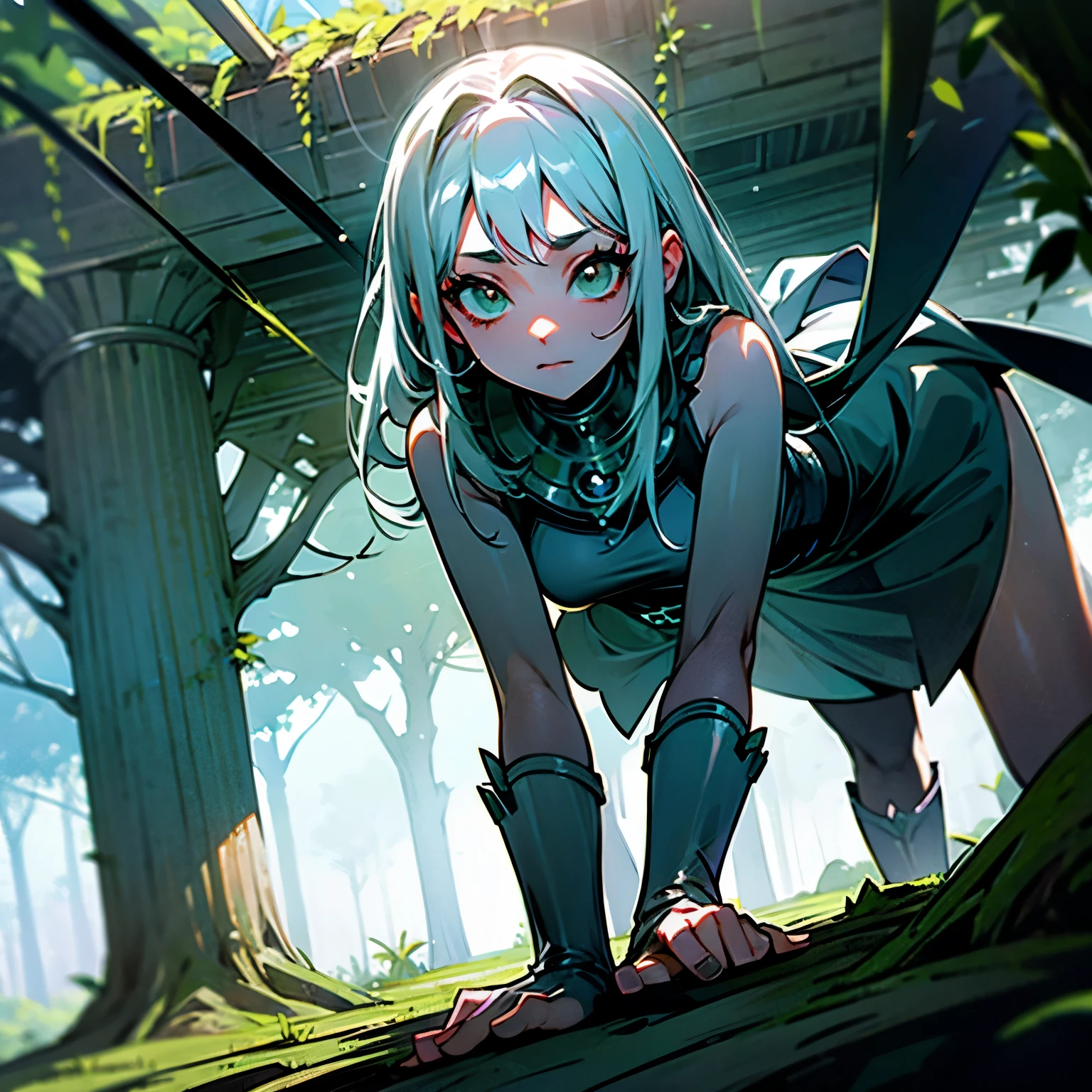 A WOMAN WITH A MYSTERIOUS LOOK EMERGES FROM THE GROUND WITH MOSS AND MUD IN HER PLATINUM HAIR, EVERYTHING IS DARK WITH LIGHTS PENETRATING THROUGH THE CANOPY OF THE TREES
