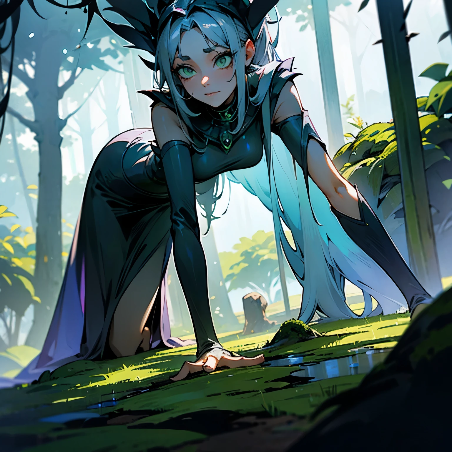 A WOMAN WITH A MYSTERIOUS LOOK EMERGES FROM THE GROUND WITH MOSS AND MUD IN HER PLATINUM HAIR, EVERYTHING IS DARK WITH LIGHTS PENETRATING THROUGH THE CANOPY OF THE TREES
