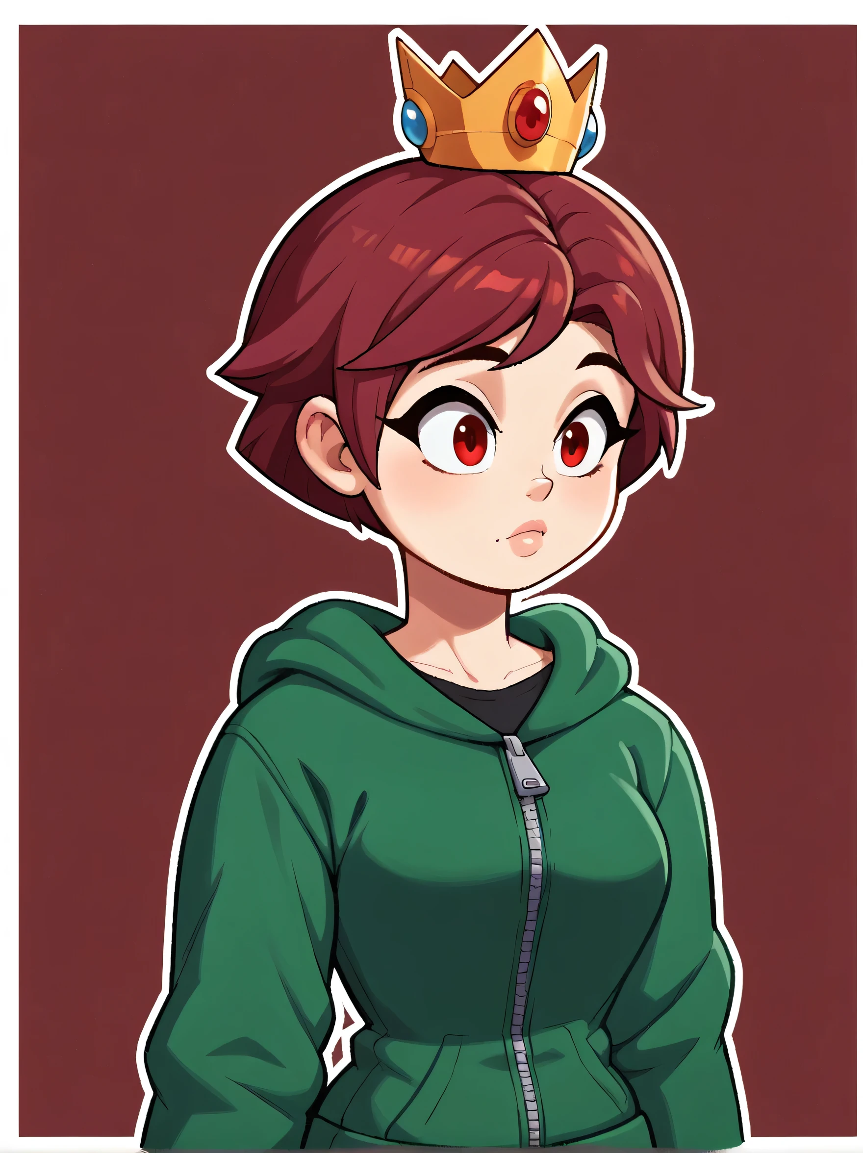 score_9, score_8_up, score_7_up, score_6_up, score_5_up, score_4_up, c00lw0rld, 1girl, curvy, red eyes, Enti, Short Hair, Red Hair, Green Hoodie, zipper, black shorts, portrait, crown, red background, white outline