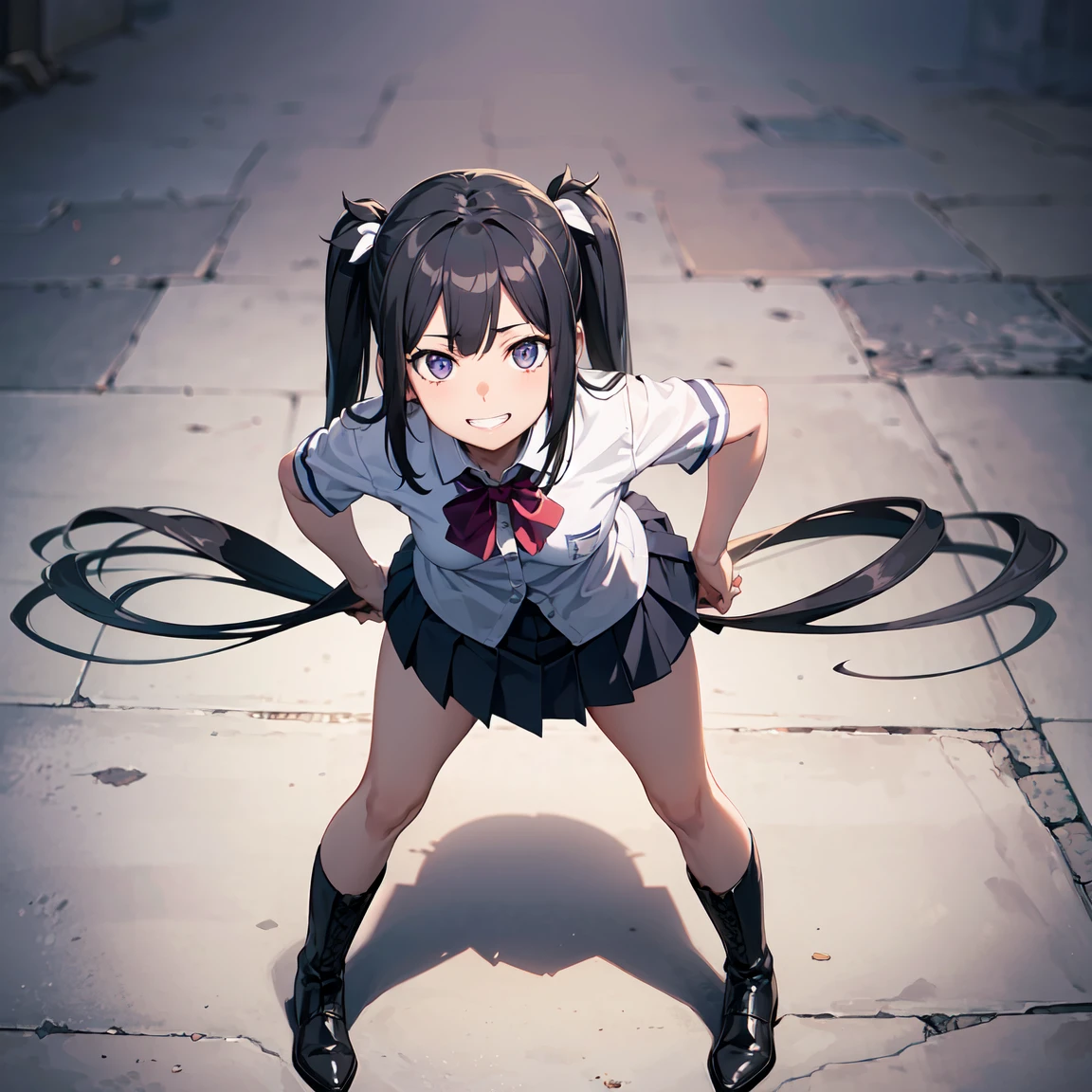 character sheet, Highly detailed and realistic CG, Colorful, Masterpiece, Best Quality, jewel-like eyes, 1girl, solo, black hair, shiny hair, long twintails, drill hair, slender, skinny legs, white school uniform, layered skirt, luxury boots, violet eyes, small breasts, wavy hand, contrapposto, tsurime, monochrome background, from pov, best quality eyes, upper teeth, loose socks in boots, tsundere, stylish pose, striped white thong, squatting, spread legs, arms behind head.gray skirt, grin, ((leaning forward)), ((from above, from flont)), 