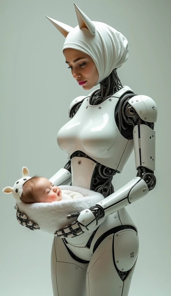 female robot wearing hijab, big breasts, pink lips, white body, robot arms, long nails, putting diaper on baby