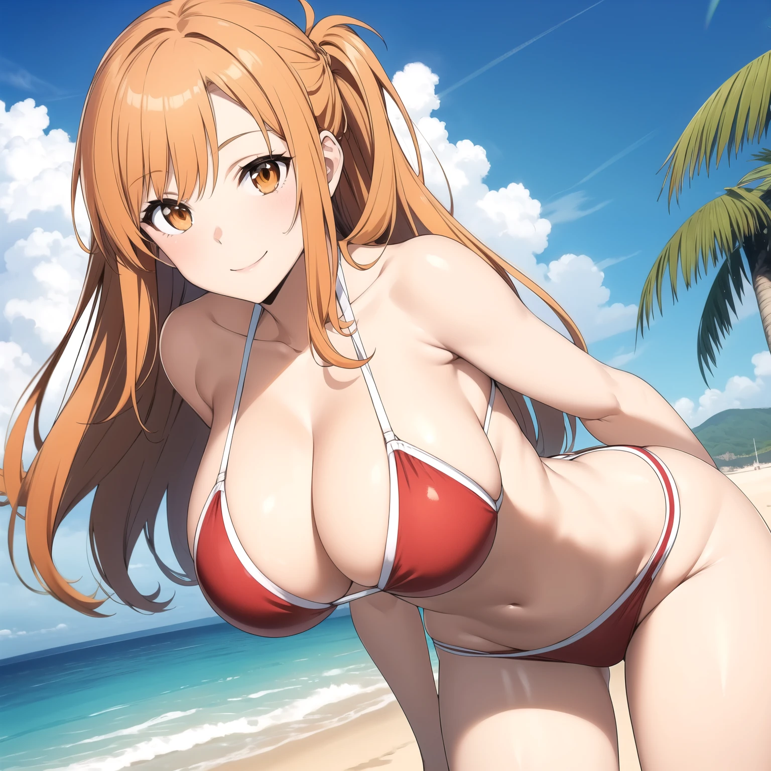 as Yuuki, 1 woman, orange hair, hazel eyes, smile, , white and red bikini, background a beach. big breasts.