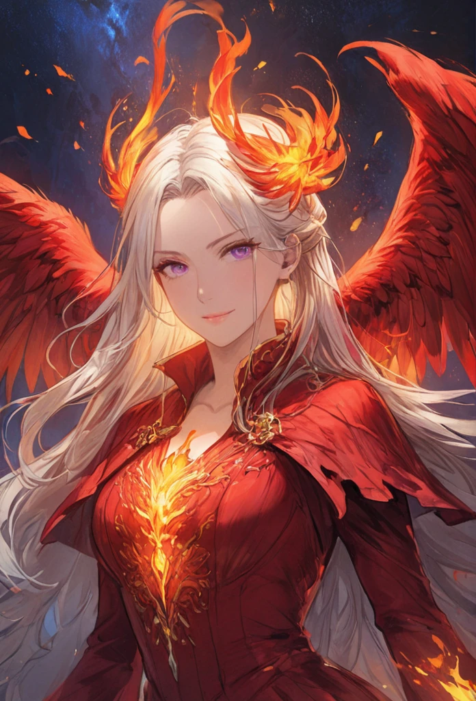 (masterpiece,best quality,absurdres,4k,8k:1.2),1girl,phoenix emperor edelgard_von_hresvelg,Long middle parted white hair,purple eyes,brightly lit fire in the middle of a serene night, fiery sparks rising, a majestic phoenix ((wearing a fiery feathered dress)) emerging from the flames descends, flaming wings with intricate details and vibrant colors, feathers softly glowing with warm hues, eyes glowing with intense light, feathers softly glowing with warm hues, wings spreading wide in mid-flight, radiating fiery energy,((crimson witch of flames costume)), ultra-detailed,(ai-generated:.25),grand cathedral,transcendent beauty,awe-inspiring artwork,face focus,dsmile:.25,eye focus