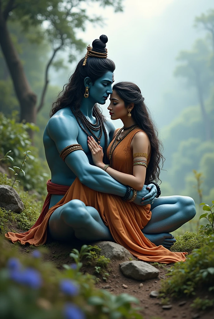 Create a high quality realistic image, lord Shiv and a 30 year old teenage boy hugging are Warking with each other, boy is wearing white t-shirt on which his name "Nitesh" is written boldly on top, both are emotional, environment is mountain, background is of tree, image should ultra