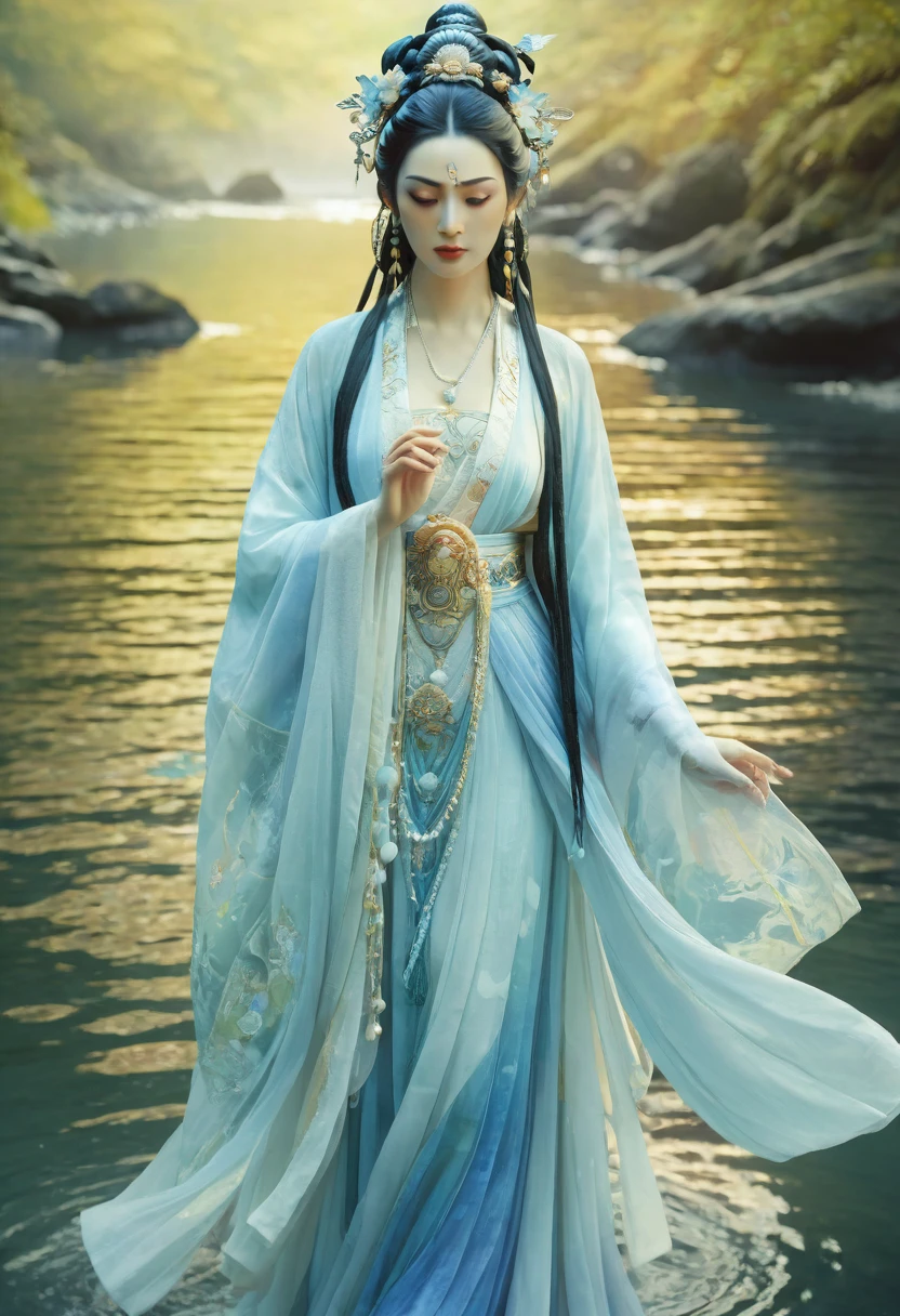 A beautiful woman, full body portrait, goddess Benzaiten, extremely detailed face and eyes, long black hair, intricate hair ornaments, flowing robes, abstract background, cinematic lighting, ethereal, glowing skin, cold colors, mostly blueish colors, digital art, 8k, Studio Ghibli style, masterpiece, near a water body