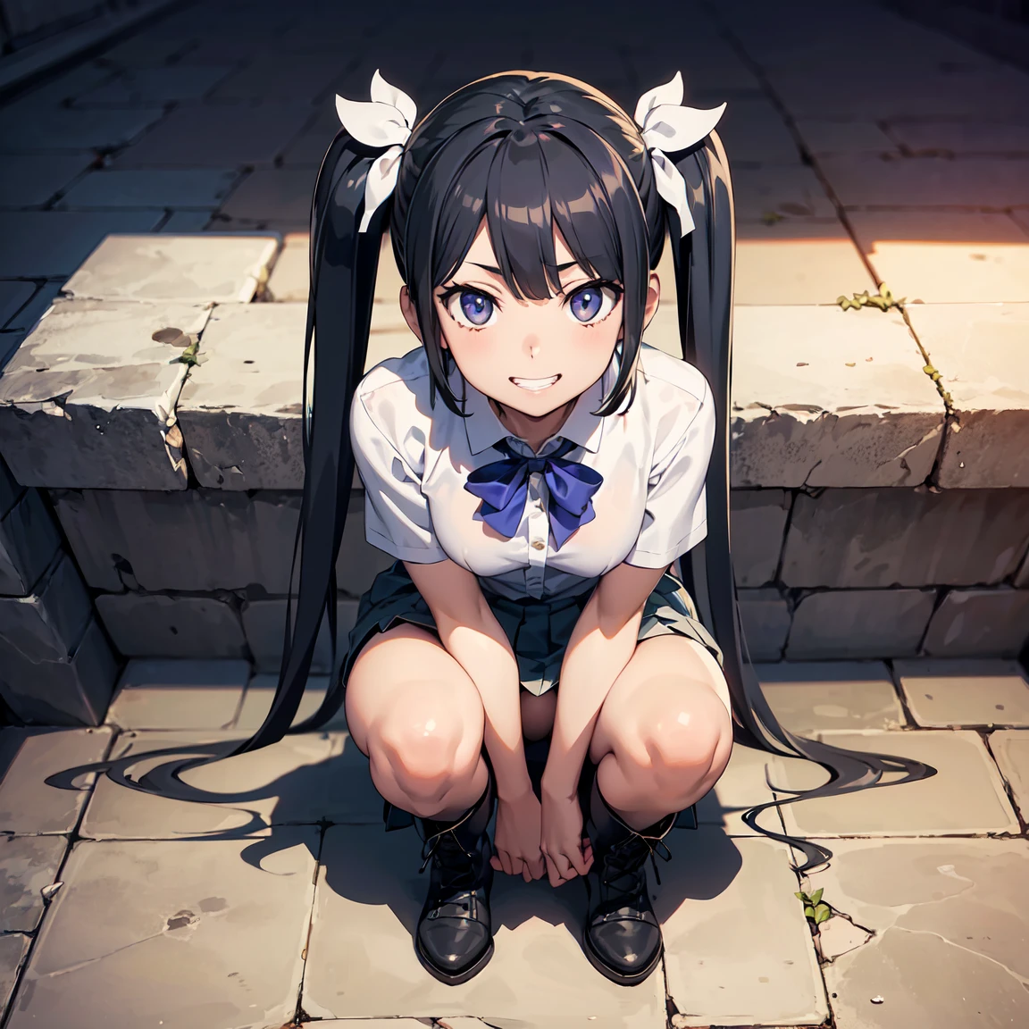 character sheet, Highly detailed and realistic CG, Colorful, Masterpiece, Best Quality, jewel-like eyes, 1girl, solo, black hair, shiny hair, long twintails, drill hair, slender, skinny legs, white school uniform, layered skirt, luxury boots, violet eyes, small breasts, wavy hand, contrapposto, tsurime, monochrome background, from pov, best quality eyes, upper teeth, loose socks in boots, tsundere, stylish pose, striped white thong, squatting, spread legs, arms behind head.gray skirt, grin, ((leaning forward)), ((from above, from flont)), 