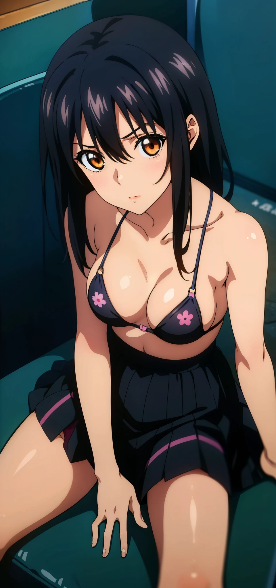 (Yukina, black hair, sitting, from above, 20-year-old, medium breasts, medium hair,healthy skin, masterpiece), bikini, cum, 20-year-old, high quality , street , crowd