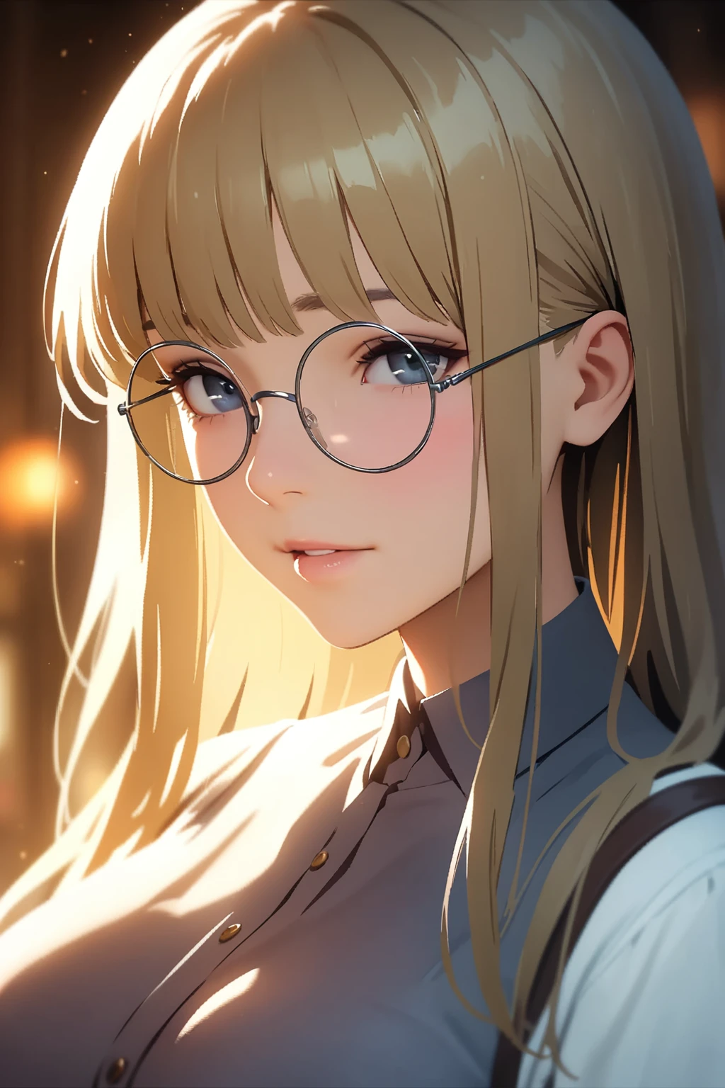 (best quality,4k,8k,highres,masterpiece:1.2),ultra-detailed,beautiful detailed eyes,A girl with beautiful eyes, everyone, beautiful girl, elegant colors, soft lighting, delicate beautiful black eyes, round eyes, very coquettish, (beautiful large breast:1.2), (((silver semi-rimless round eyewear:1.3))), portrait, realistic, elegant mature woman, blue eyes, blonde hair, big breast, 4k resolution, beautiful cg, soft light