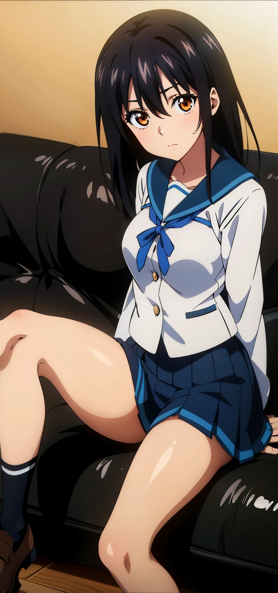 (Yukina, black hair, sitting, 20-year-old, medium breasts, medium hair,healthy skin, masterpiece),  school uniform, cum, 20-year-old, high quality , street , 