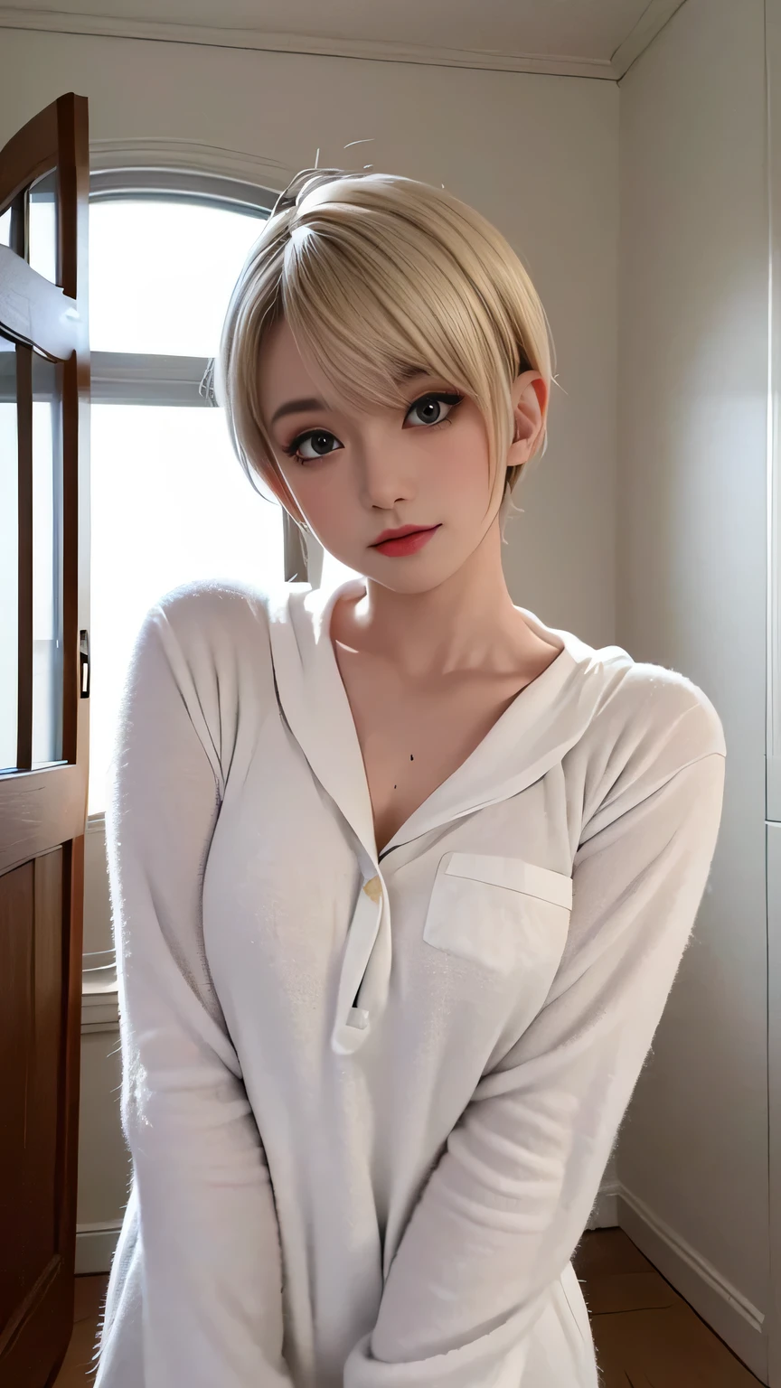 （tmasterpiece），（best qualtiy），8K，high detal,pov_doorway,1girl,blush,looking_at_viewer,cleavage,white hair,naked_apron,huge titasterpiece, highest quality, highest quality, Official Art, beautifully、beautiful:1.2, Cinema Lighting、Key light at 45 degrees from the front, Subsidy Light、Soft Backlight), Realistic depiction、photograph、Realistic depiction、Ultra-realistic、Raw Quality、


Beautiful face、Perfect round ass、the body is slim、(Accurate and detailed human body:1.5), Fit and body、Pale skin、Shiny, Bright Eyes、length eyelashes、
1 girl、1 boy, hetero、couple、A giant faceless man、

accurate to the human body、Correct five-finger、The perfect human body、Knowledgeable person、Highly detailed face and skin texture、Natural neck length、(beautiful Hands)、beautiful, length, Thin legs、straighten both legs、Stretch your arms、
The perfect human body、Accurate human body、A perfect and accurate left hand、A perfect and accurate right hand、Perfect and precise fingers、


,Earrings,Big cleavage、

slim, (kind, Goddess-like eyes, happiness: 1.2), (Lip gloss, eyelash, Terrible face, highest quality, Ultra-high resolution, Wide Lighting, Natural Shading), Absolute area、

(((All these pajamaade from super soft fleece material.:1.8, zetai ryoiki, All these pajamaade from super soft fleece material shorts:1.3, Thick white horizontal stripes))), 

Detailed Background、
Background Blur、Detailed and beautiful background


 ((Random hand gestures)), 
(Blonde pixie short hair:1.3)、
Accurate 5-finger、Accurate human body、Perfect human body、(Little devil face:1.2, Little Devil Smile:1.3),

(((Big Breasts))),Bold Pose、sexy、amount、Sensually、Ecstatic face、Being spoiled and pampered、Wide leg、(Sensual ecstatic smile:1.5)、indoor、Random Apartment Room Background、Window with a night view、

(Pov, POV doorway:1.5)、
(open door after orgasm:1.8, orgasm:1.2, Vulgarity、ahego:1.1, steam,sweat、Open your mouth wide:1.2、Panting:1.3, Pleasure、A face of ecstasy and pleasure:1.3, ), (doggy style back hug sex:1.5)