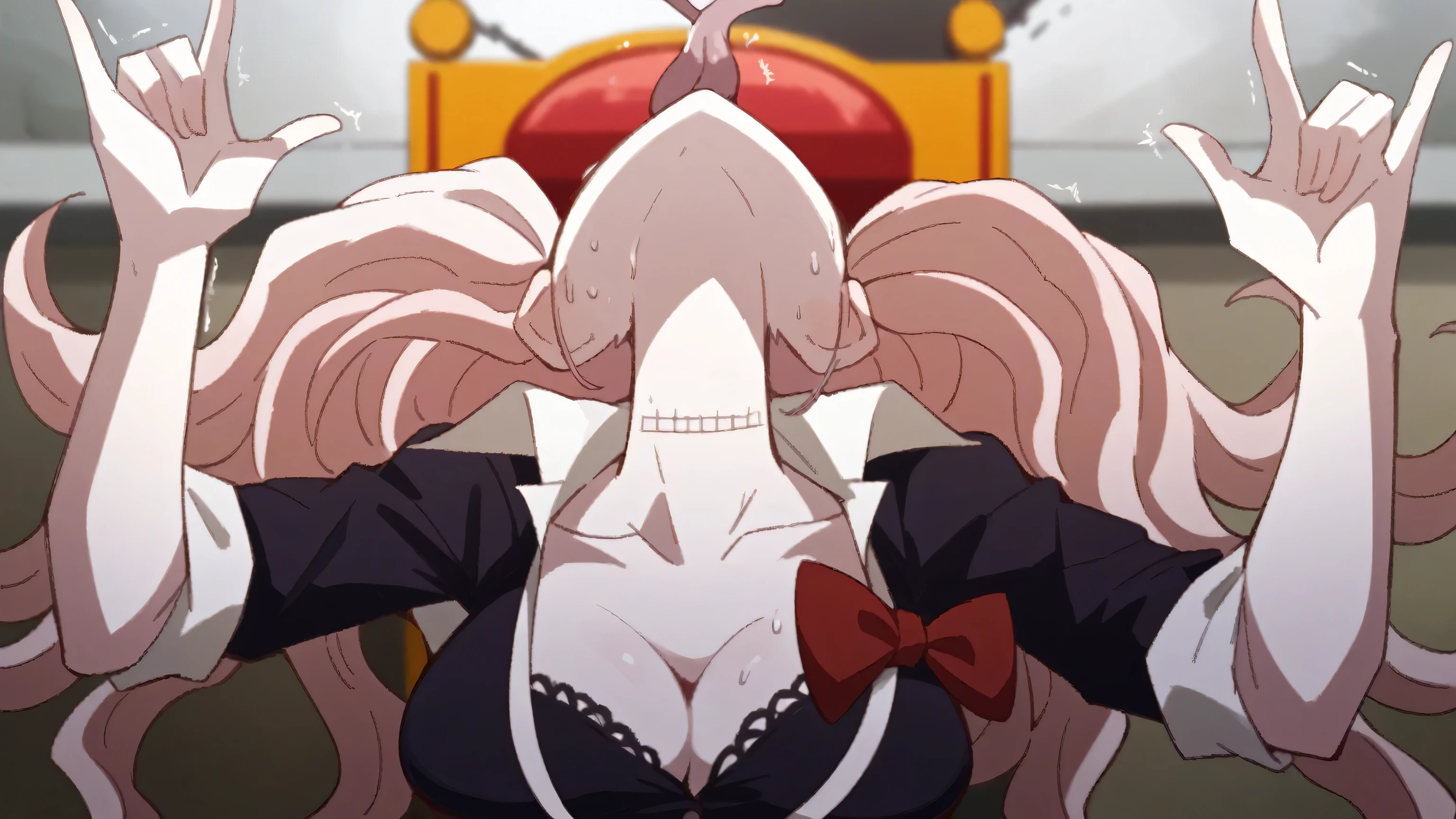 Masterpiece, best quality, Masterpiece, best quality, 1 woman, Junko (danganronpa) , pink hair , I have twintails. , Look up , big breasts , cleavage , long tongue , Sweating , Trembling , Put your hand forward , abandoned factory