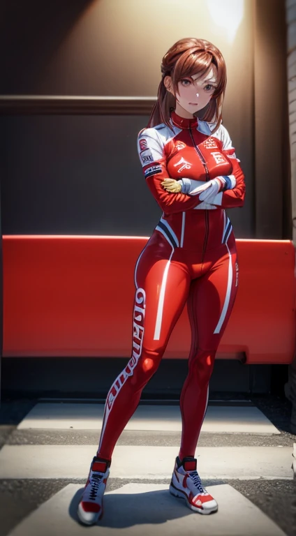 Female racer in red racing suit stands in front of red racing bike　Brown Hair　Ai Shinozaki　Monza Circuit　Standing with arms crossed　Portraiture　Portrait