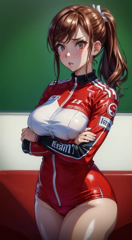 Female racer in red racing suit stands in front of red racing bike　Brown Hair　Ai Shinozaki　Monza Circuit　Standing with arms crossed　Portraiture　Portrait