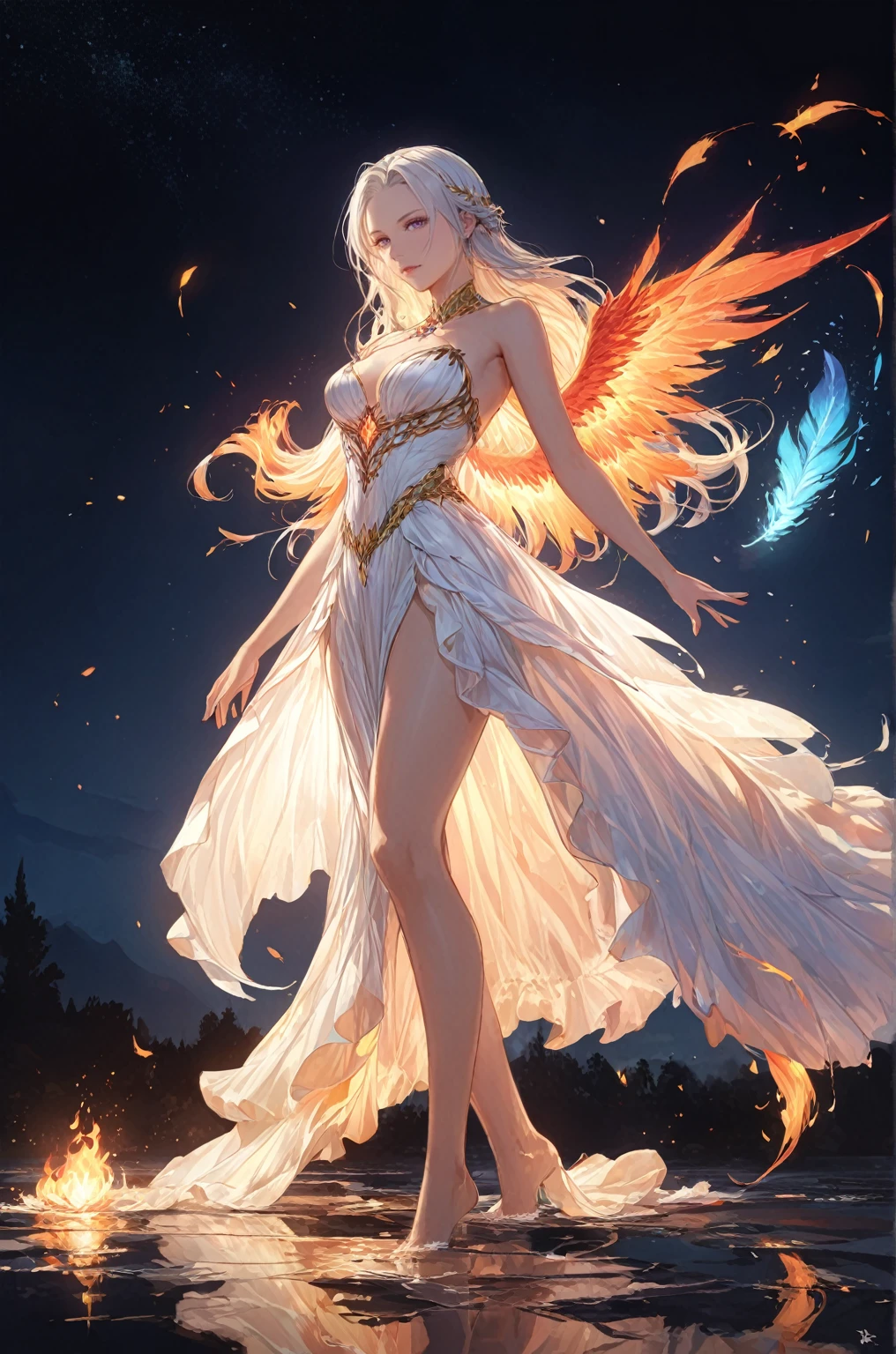 (masterpiece,best quality,absurdres,4k,8k:1.2),1girl,phoenix emperor edelgard_von_hresvelg,Long middle parted white hair,purple eyes,brightly lit fire in the middle of a serene night, fiery sparks rising, a majestic phoenix ((wearing a fiery feathered dress)) emerging from the flames descends, flaming wings with intricate details and vibrant colors, feathers softly glowing with warm hues, eyes glowing with intense light, feathers softly glowing with warm hues, wings spreading wide in mid-flight, radiating fiery energy,((crimson witch of flames costume)), ultra-detailed,grand cathedral,transcendent beauty,awe-inspiring artwork,face focus,dsmile:.25,eye focus,highres 