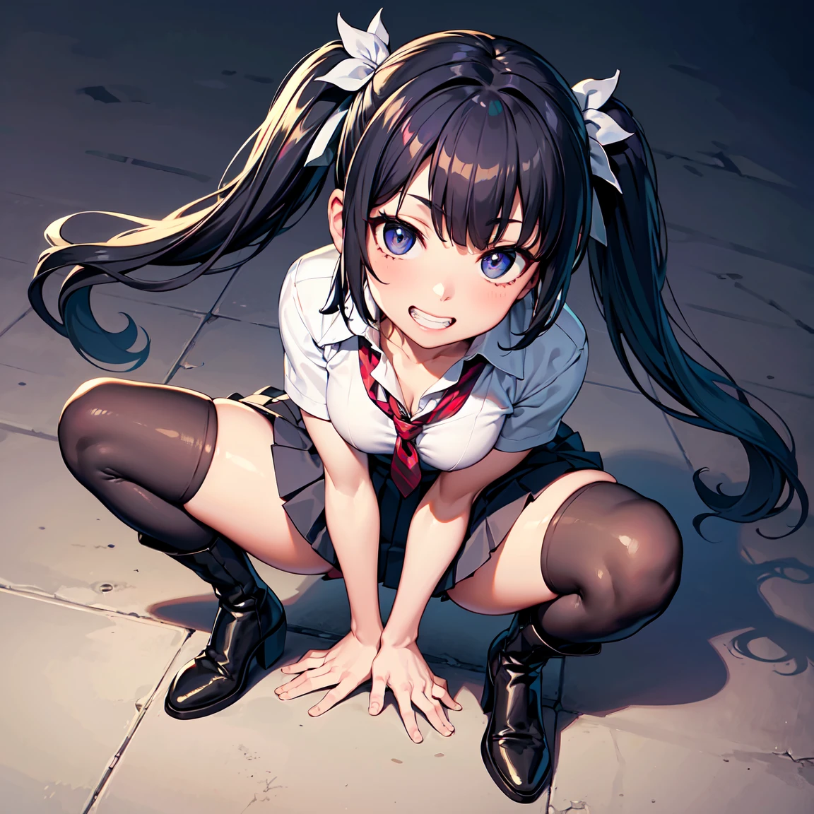 character sheet, Highly detailed and realistic CG, Colorful, Masterpiece, Best Quality, jewel-like eyes, 1girl, solo, black hair, shiny hair, long twintails, drill hair, slender, skinny legs, white school uniform, layered skirt, luxury boots, violet eyes, small breasts, wavy hand, contrapposto, tsurime, monochrome background, from pov, best quality eyes, upper teeth, loose socks in boots, tsundere, stylish pose, striped white thong, squatting, spread legs, arms behind head.gray skirt, grin, ((leaning forward)), ((from above, from flont)), 