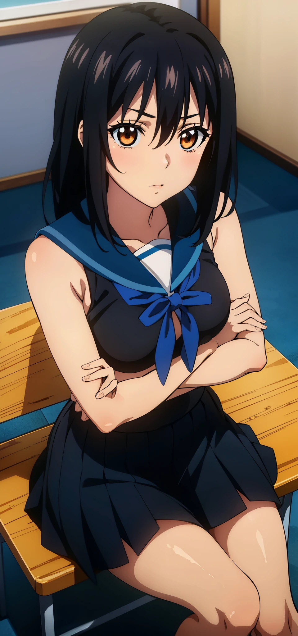 Yukina, black hair, sitting, 20-year-old, medium breasts, medium hair,healthy skin, masterpiece,  school uniform, cum, 20-year-old, high quality , classroom, sleeveless 