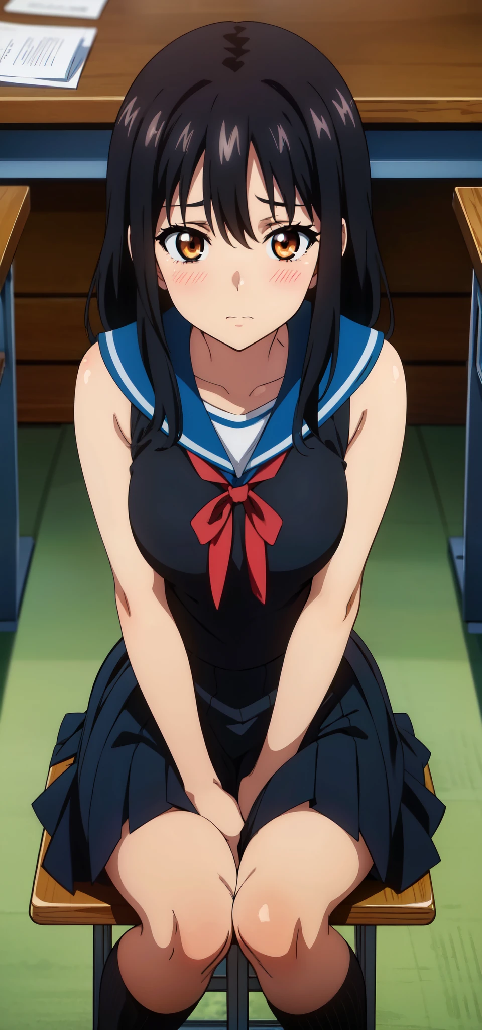 Yukina, black hair, sitting, 20-year-old, medium breasts, medium hair,healthy skin, masterpiece,  school uniform, cum, 20-year-old, high quality , classroom, sleeveless, blushed, trembling, symbols, speech, full_body 