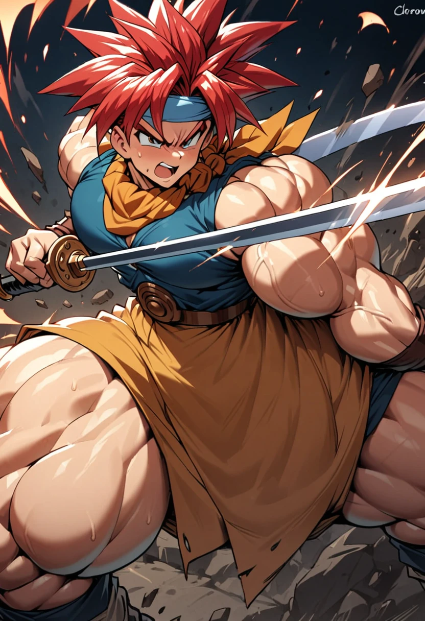 Highest quality,Muscular,Very huge erect penis,Full Color,Massive ,Confident expression,crono from chrono trigger,Red hair,((( boy))),Swinging a sword,