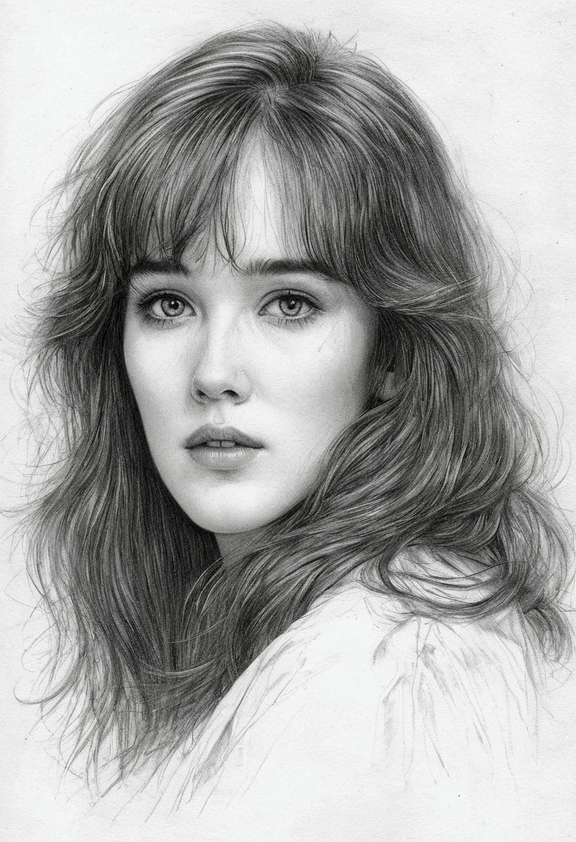 A delicate, graphite sketch portrays, a beautiful young Isabelle Adjani,  without background, her features rendered in subtle shading and precise lines. The framing is tight, focusing attention on the subject's serene face. Soft, feathery strokes convey the gentle texture of her hair, 