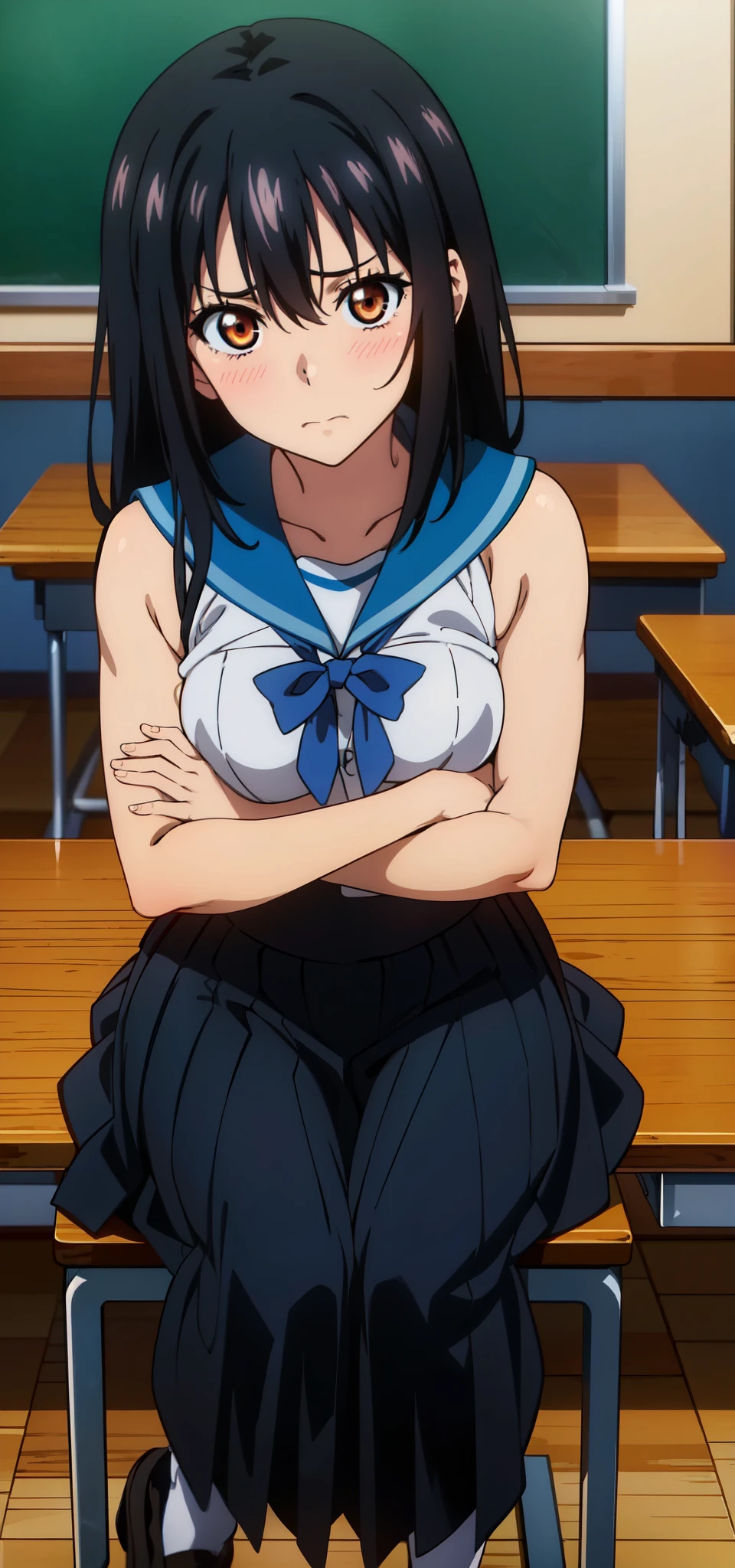 Yukina, black hair, sitting, 20-year-old, medium breasts, medium hair,healthy skin, masterpiece,  school uniform, cum, 20-year-old, high quality , classroom, sleeveless, blushed, trembling, symbols, speech, full_body 