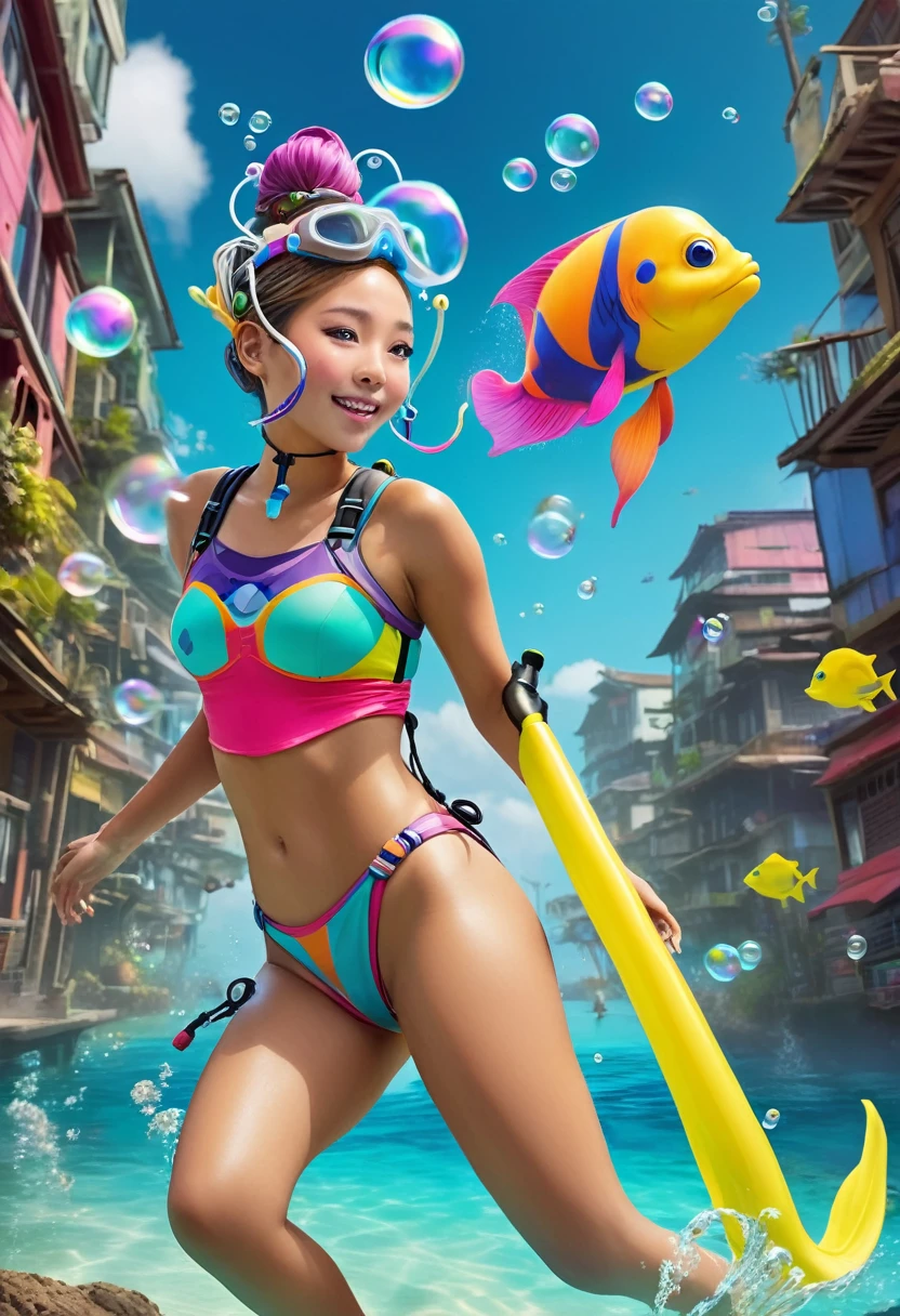 (realistic fantasy) A cute Yuna (brightly colored skin, cute colorful dress), yuna is portray a Snorkel cartoon TV character, happily going abut her city life while breathing bubbles out the snorkel on her head
